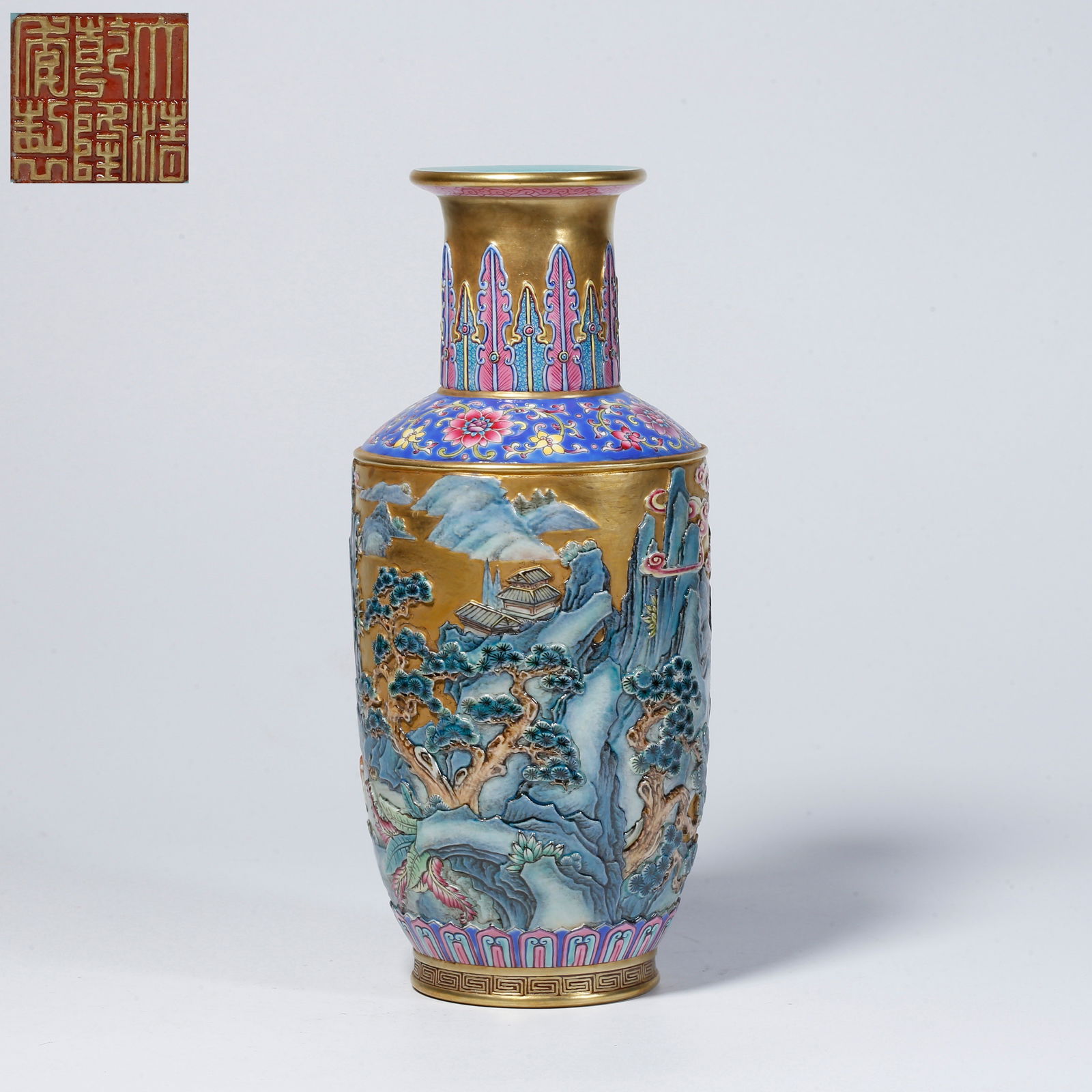 A FAMILLE-ROSE VASE WITH LANDSCAPE AND PAVILION DESIGN: Famille-rose vase with landscape and pavilion design
