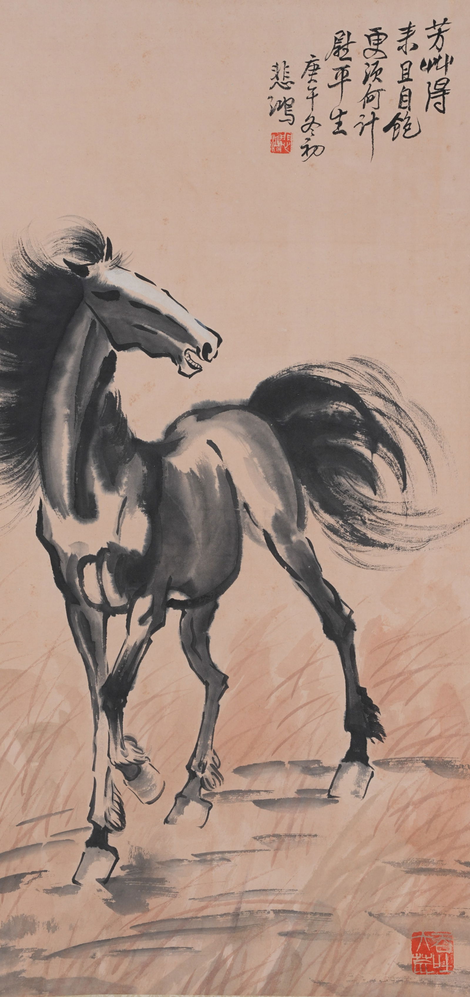 A GALLOPING HORSE PAINTING ON PAPER BY XU BEIHONG.徐悲鴻: Galloping Horse Painting on Paper by Xu Beihong.徐悲鴻