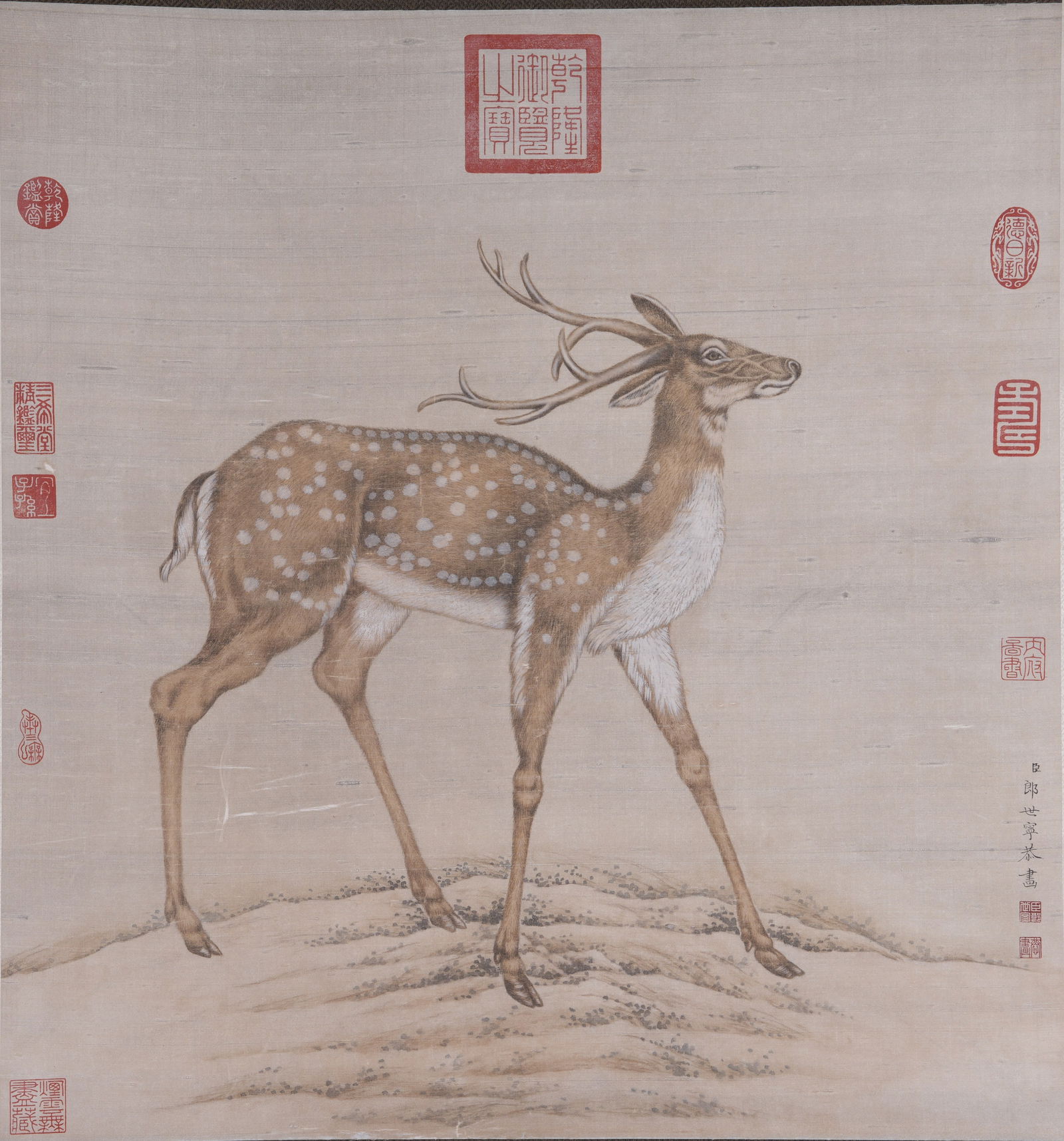A SPIRITUAL DEER PAINTING ON SILK BY GIUSEPPE CASTIGLIONE (LANG SHINING).郎世寧: Spiritual Deer Painting on Silk by Giuseppe Castiglione (Lang Shining).郎世寧