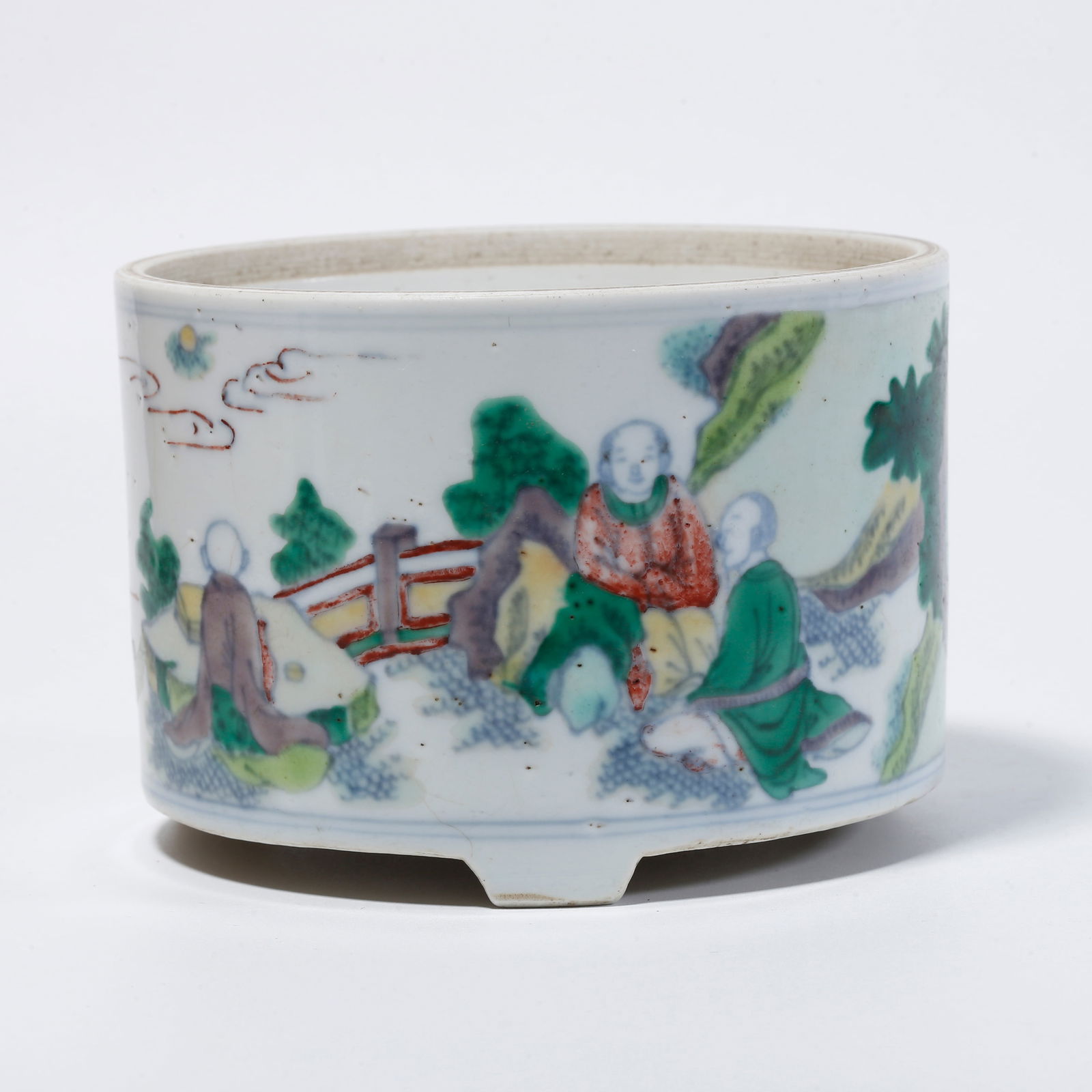 A FAMILLE ROSE BRUSH POT WITH LANDSCAPE DESIGN: Famille rose brush pot with landscape design