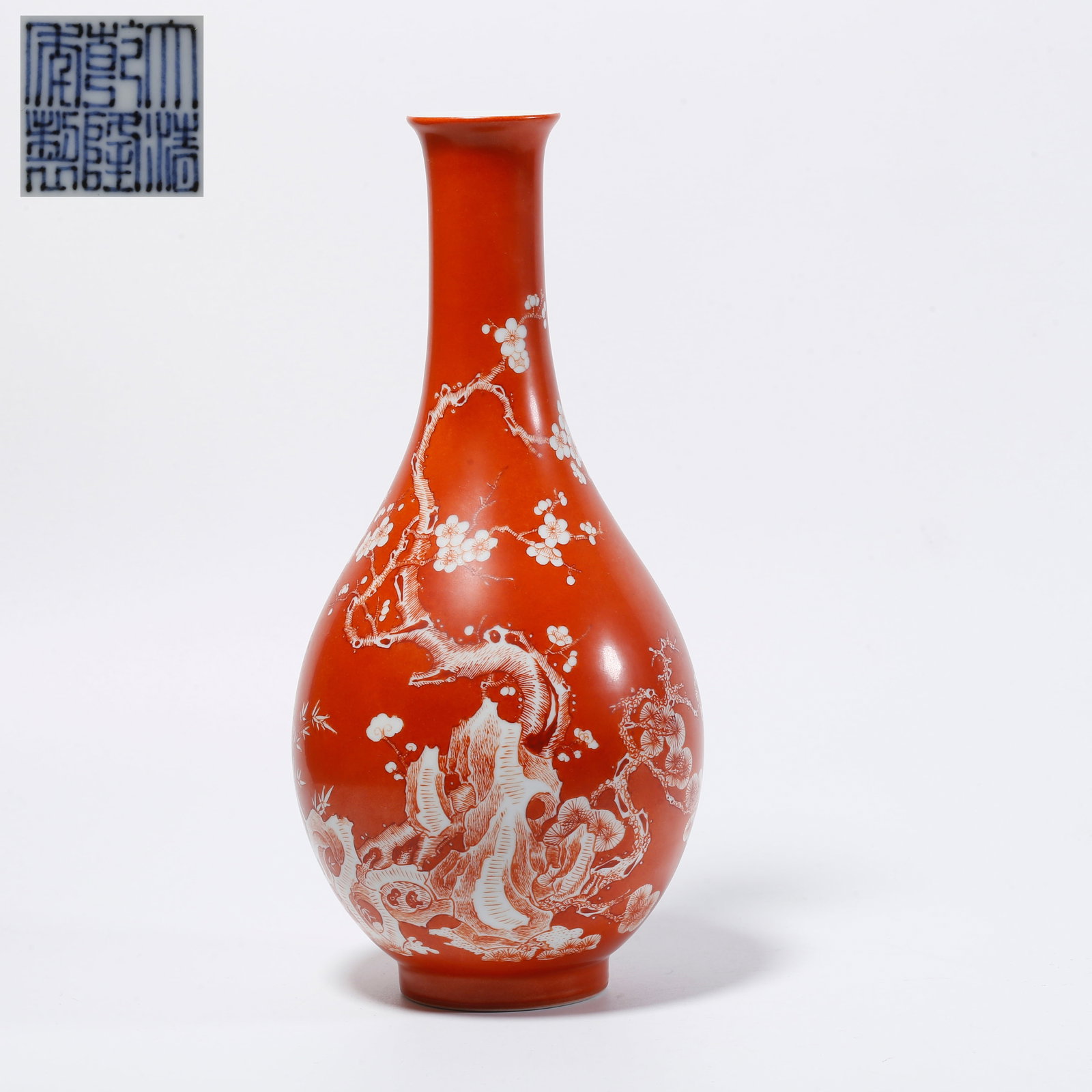 A IRON-RED AND RESERVED WHITE VASE FOR APPRECIATION WITH PLUM BLOSSOM DESIGN: Iron-red and reserved white vase for appreciation with plum blossom design
