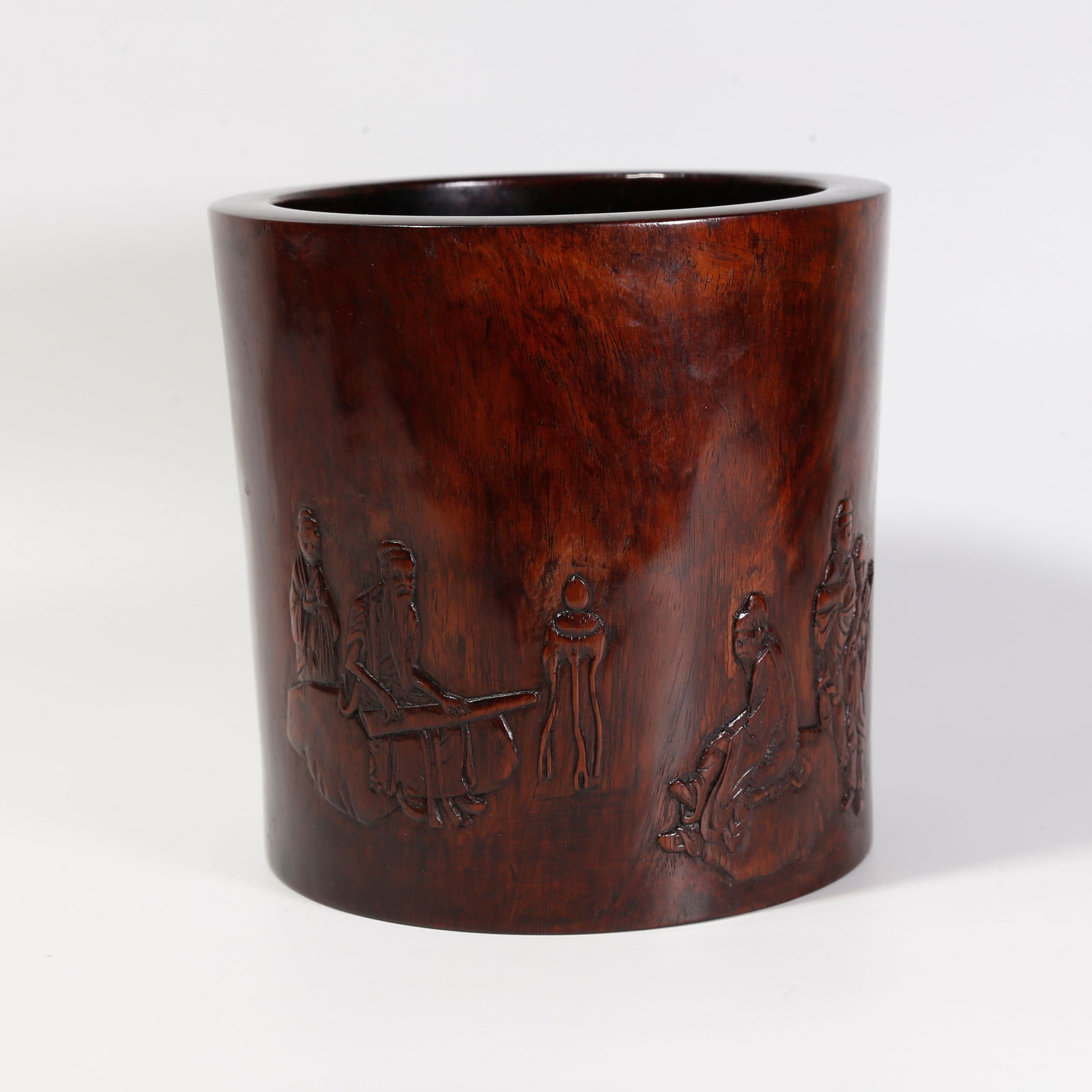 A ZITAN WOOD CARVED BRUSH POT WITH FIGURE-STORY MOTIF (1 of 10)