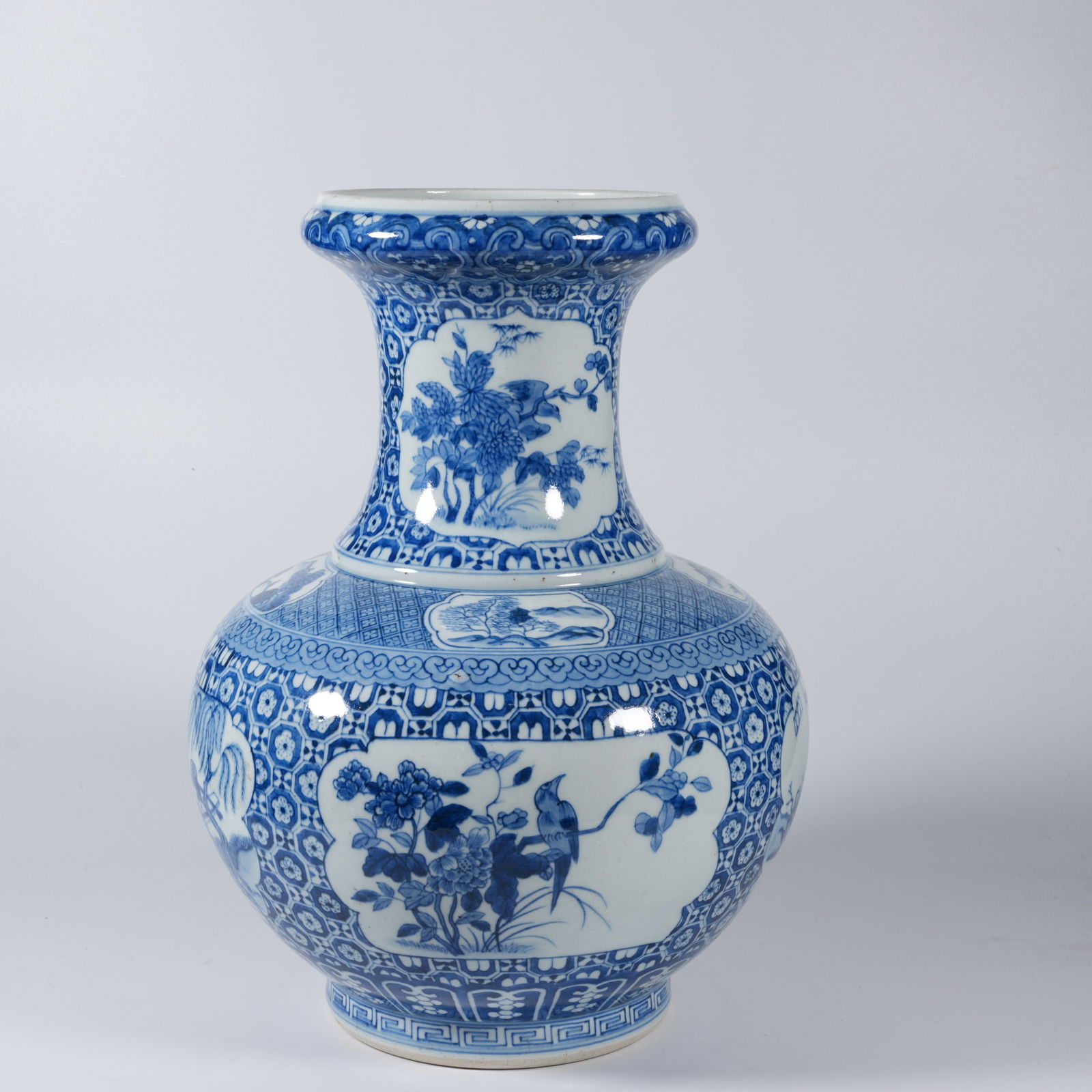 A BLUE-AND-WHITE VASE WITH FLOWERS, BIRDS, AND FIGURAL NARRATIVE SCENES (SHANGPING): Blue-and-white vase with flowers, birds, and figural narrative scenes (shangping)