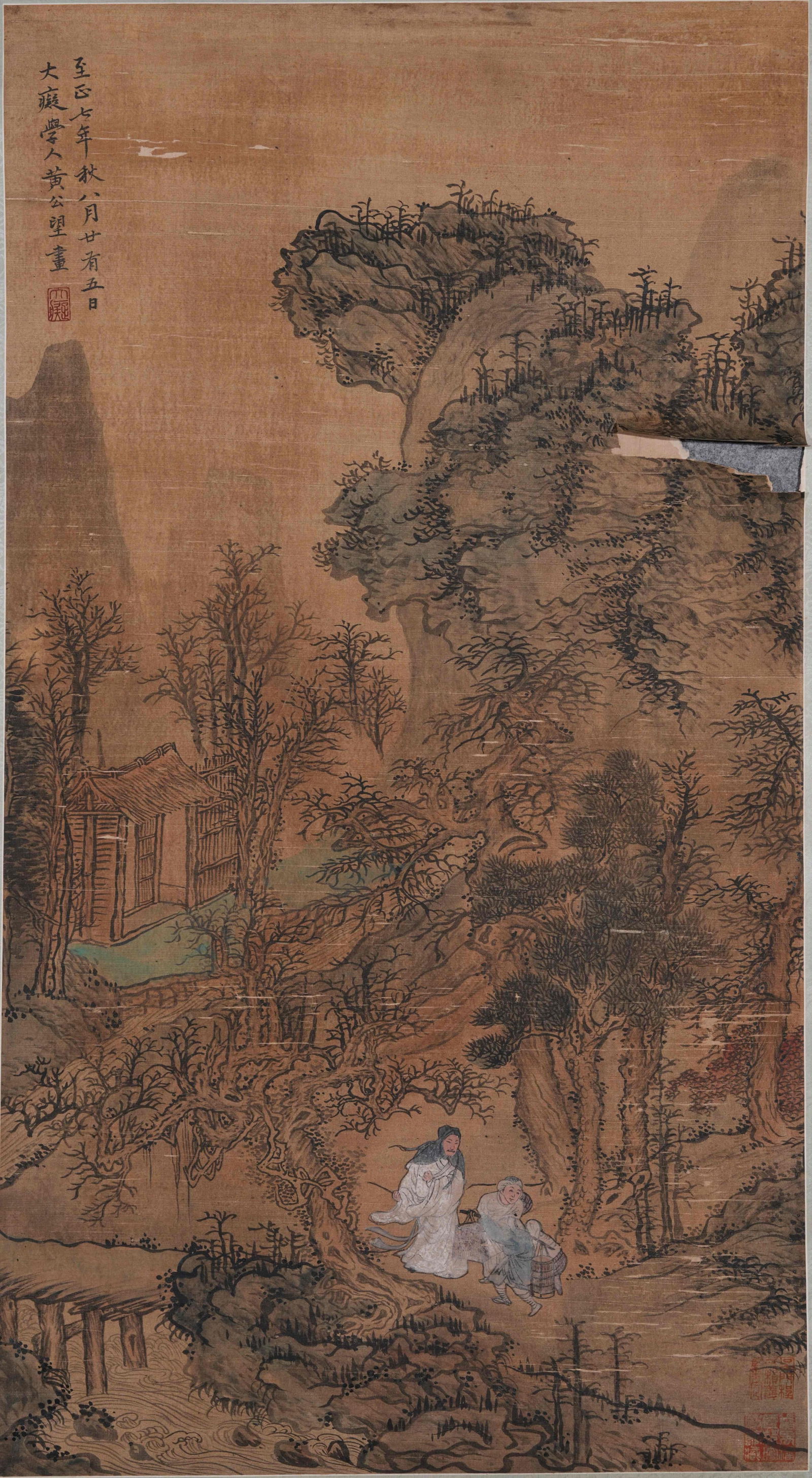 A LANDSCAPE WITH FIGURES PAINTING ON SILK BY HUANG GONGWANG.黃公望 (1 of 10)