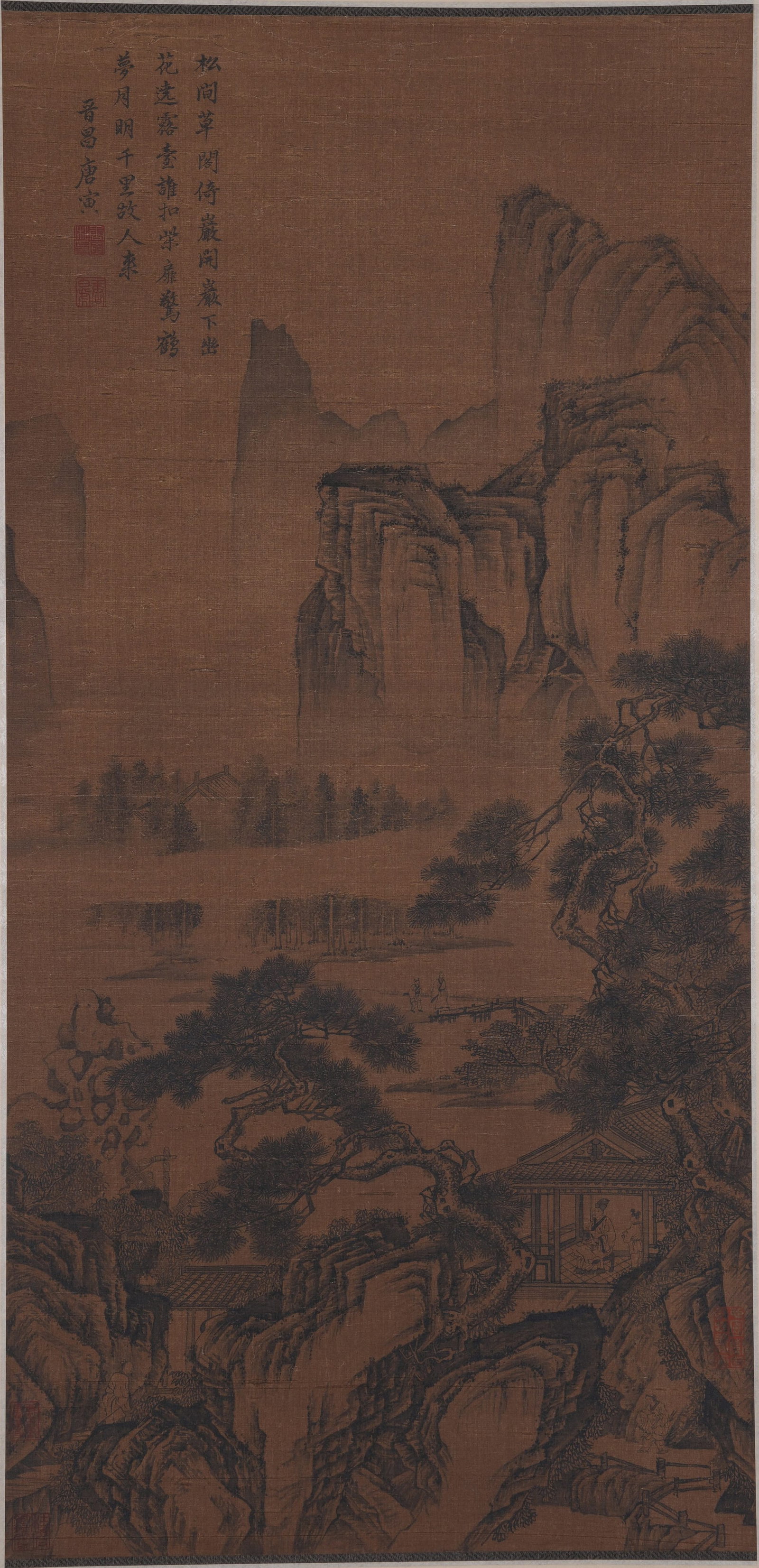 A LANDSCAPE WITH FIGURES PAINTING ON SILK BY TANG YIN.唐寅: Landscape with Figures Painting on Silk by Tang Yin.唐寅
