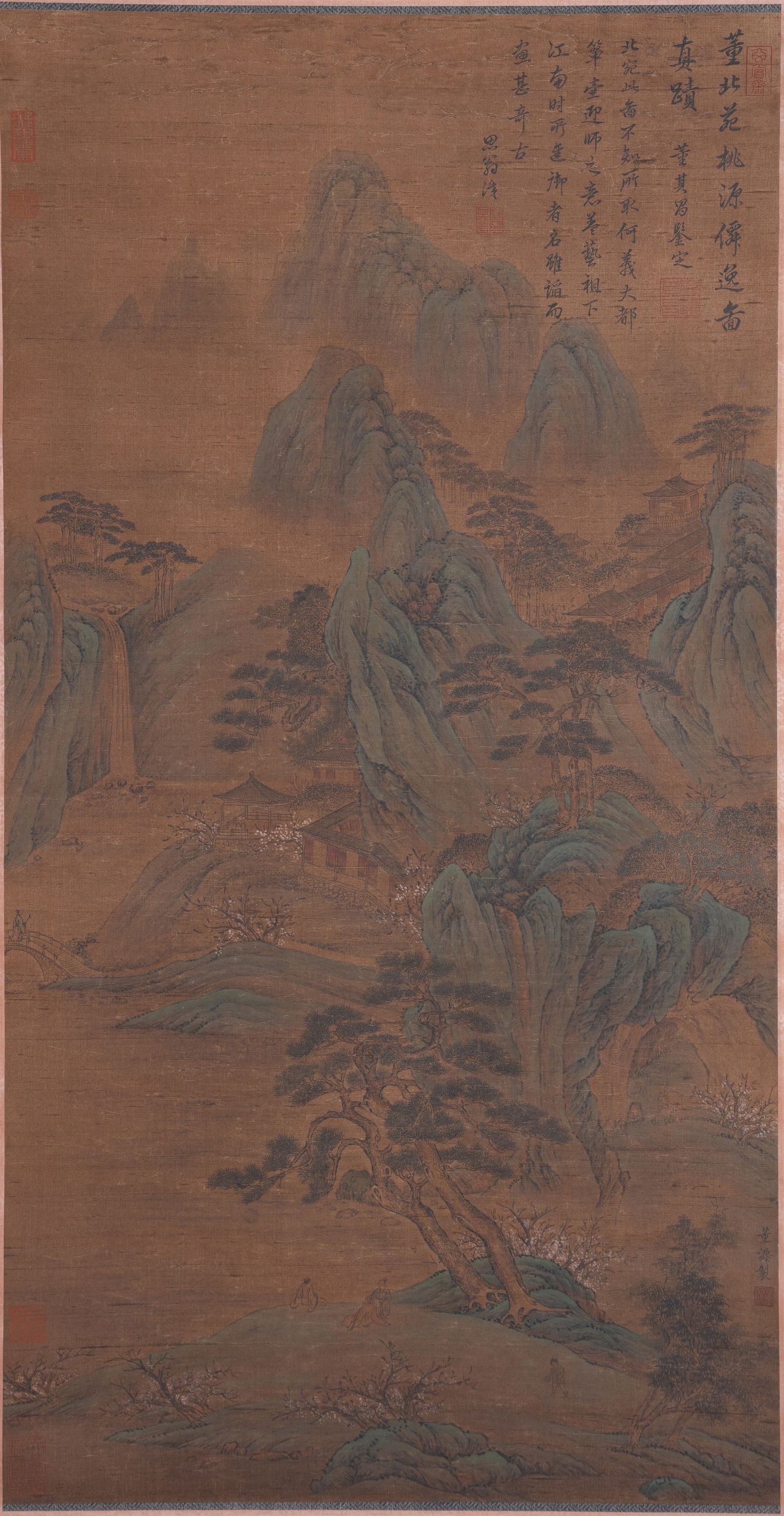 A LANDSCAPE WITH PAVILIONS PAINTING ON SILK BY DONG YUAN.董源: Landscape with Pavilions Painting on Silk by Dong Yuan.董源