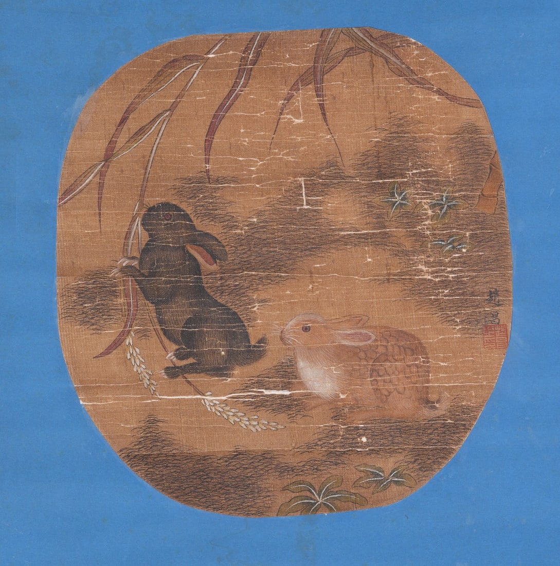 A JADE RABBIT PAINTING ON SILK BY ZHAO CHANG.趙昌: Jade Rabbit Painting on Silk by Zhao Chang.趙昌