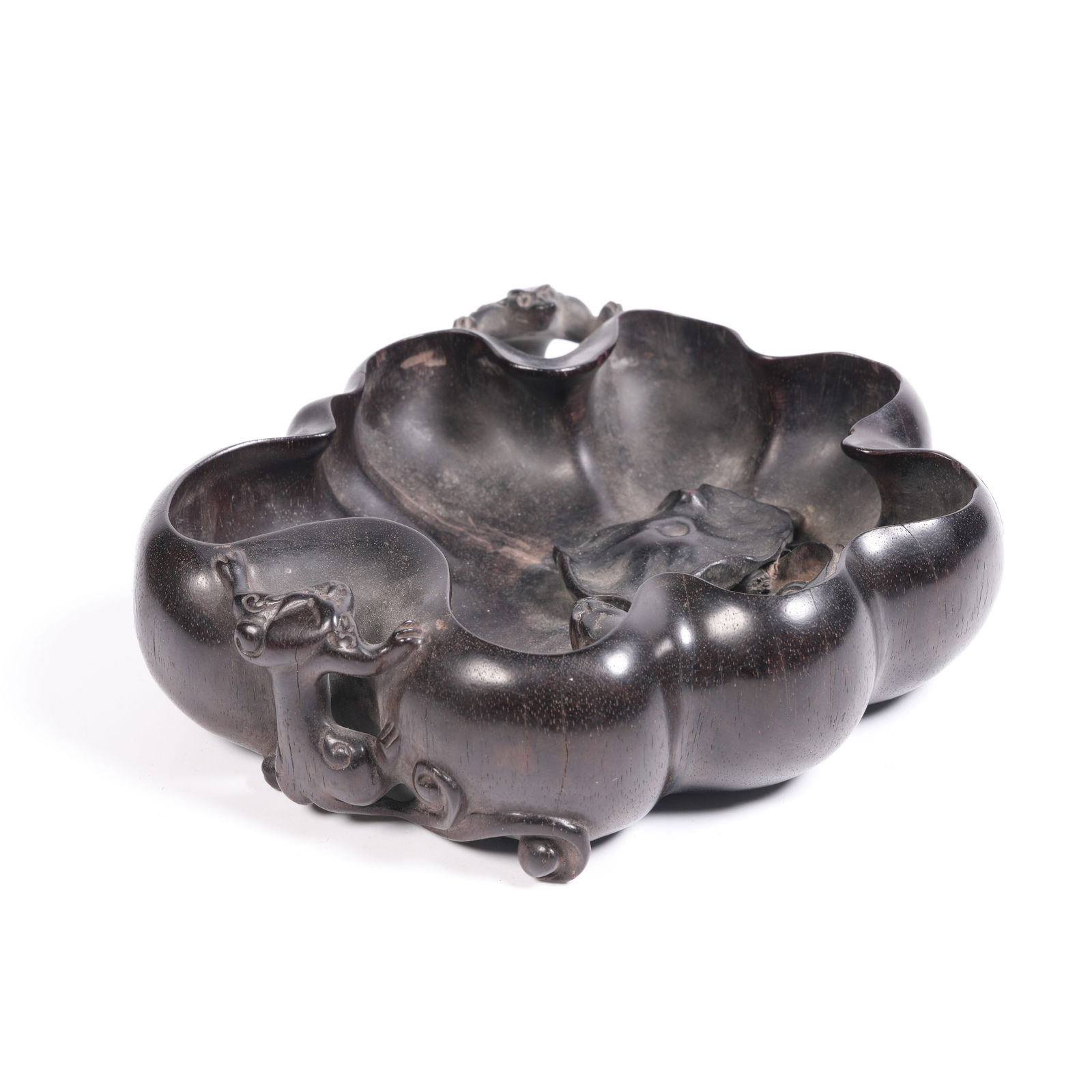 A ZITAN CHI-DRAGON MOTIF LOTUS-LEAF WATER CONTAINER: Zitan Chi-Dragon Motif Lotus-Leaf Water Container