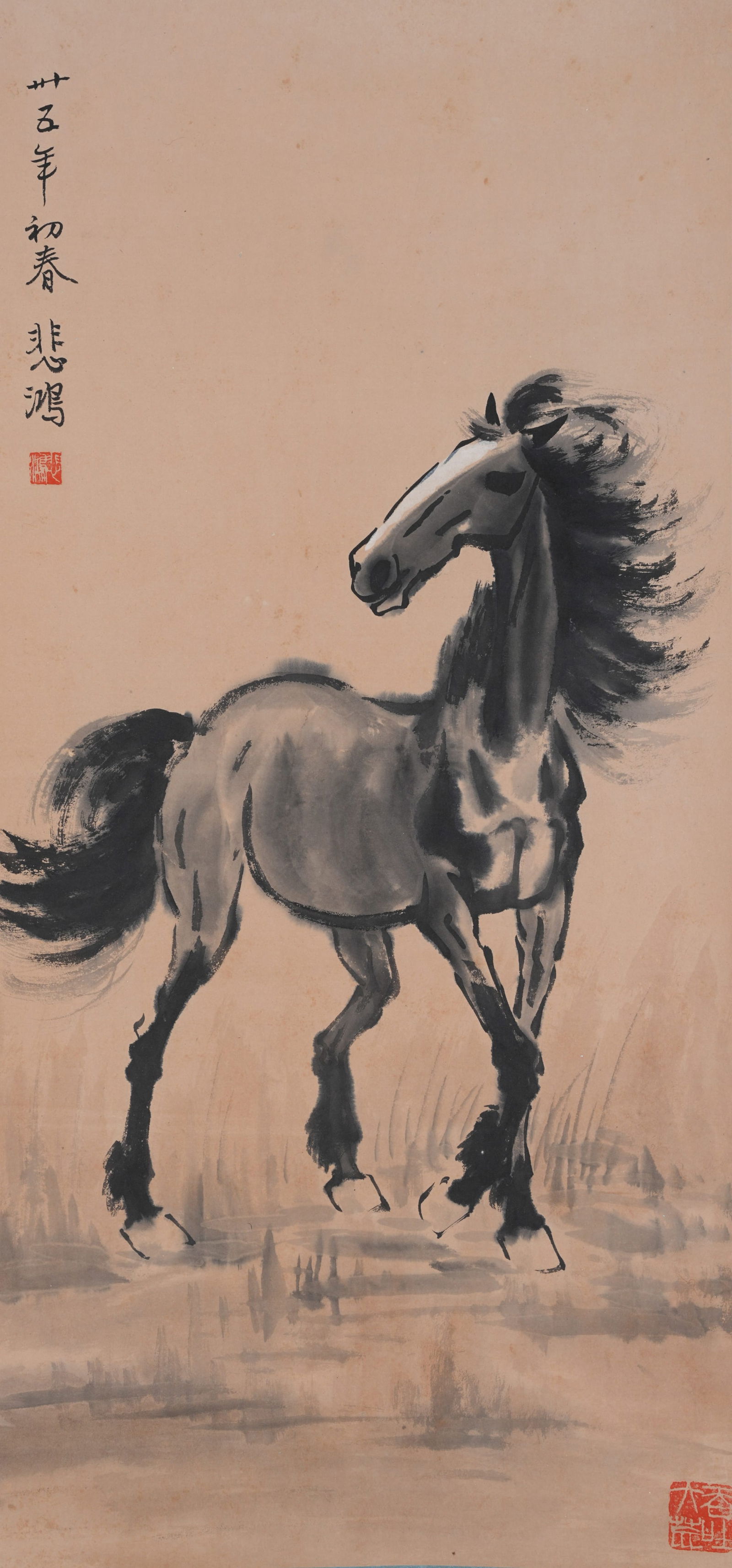 A GALLOPING HORSE PAINTING ON PAPER BY XU BEIHONG.徐悲鴻: Galloping Horse Painting on Paper by Xu Beihong.徐悲鴻