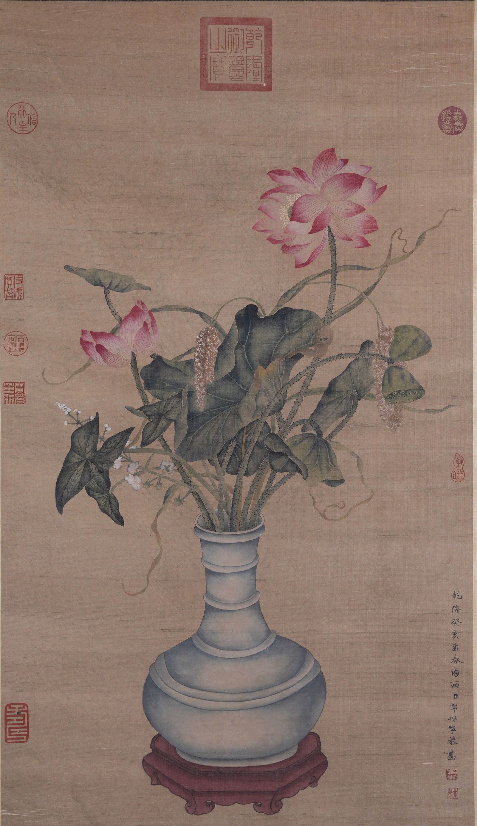 A AUSPICIOUS GATHERING PAINTING ON SILK BY GIUSEPPE CASTIGLIONE (LANG SHINING).郎世: Auspicious Gathering Painting on Silk by Giuseppe Castiglione (Lang Shining).郎世寧