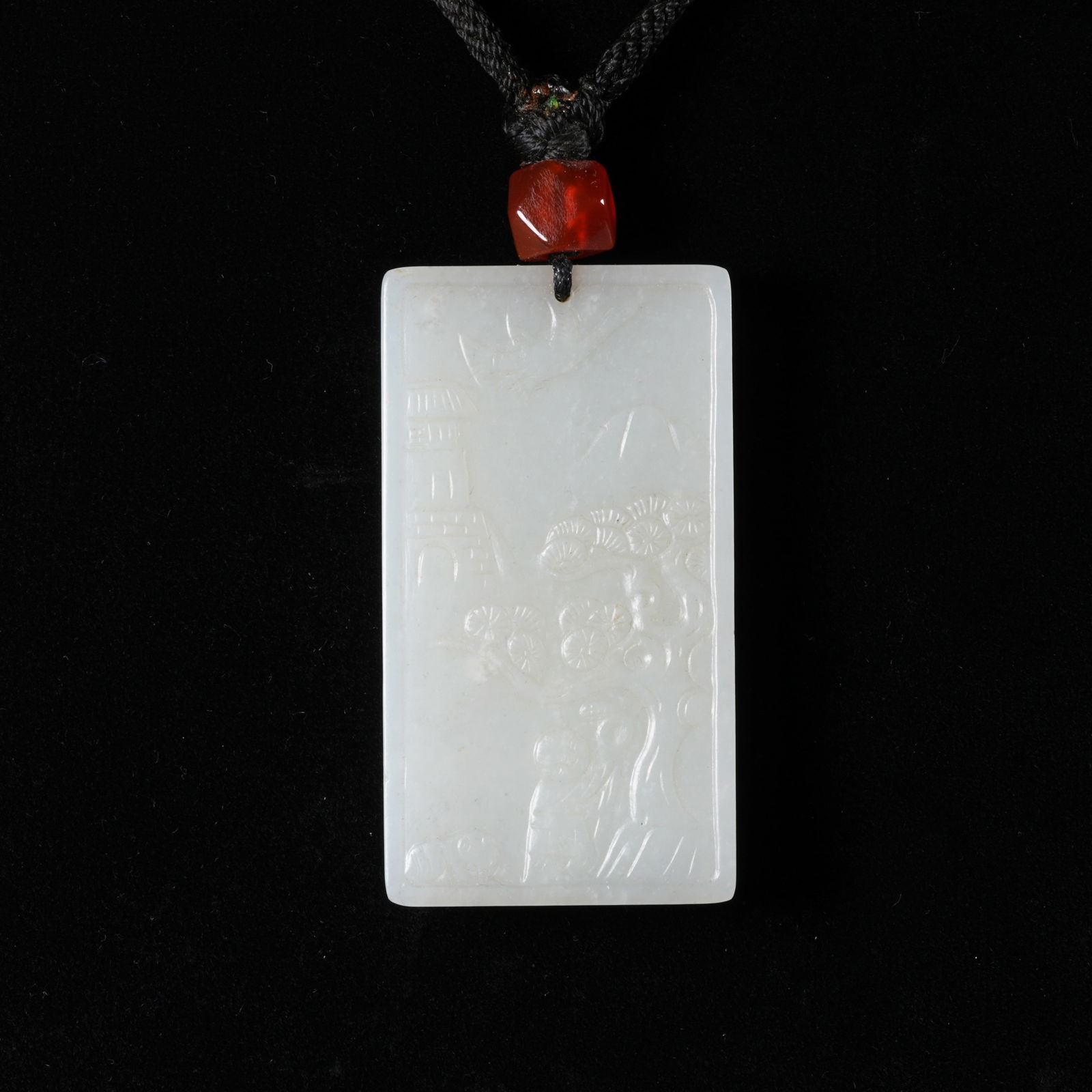 A HETIAN WHITE JADE PLAQUE WITH LANDSCAPE MOTIF: Hetian white jade plaque with landscape motif