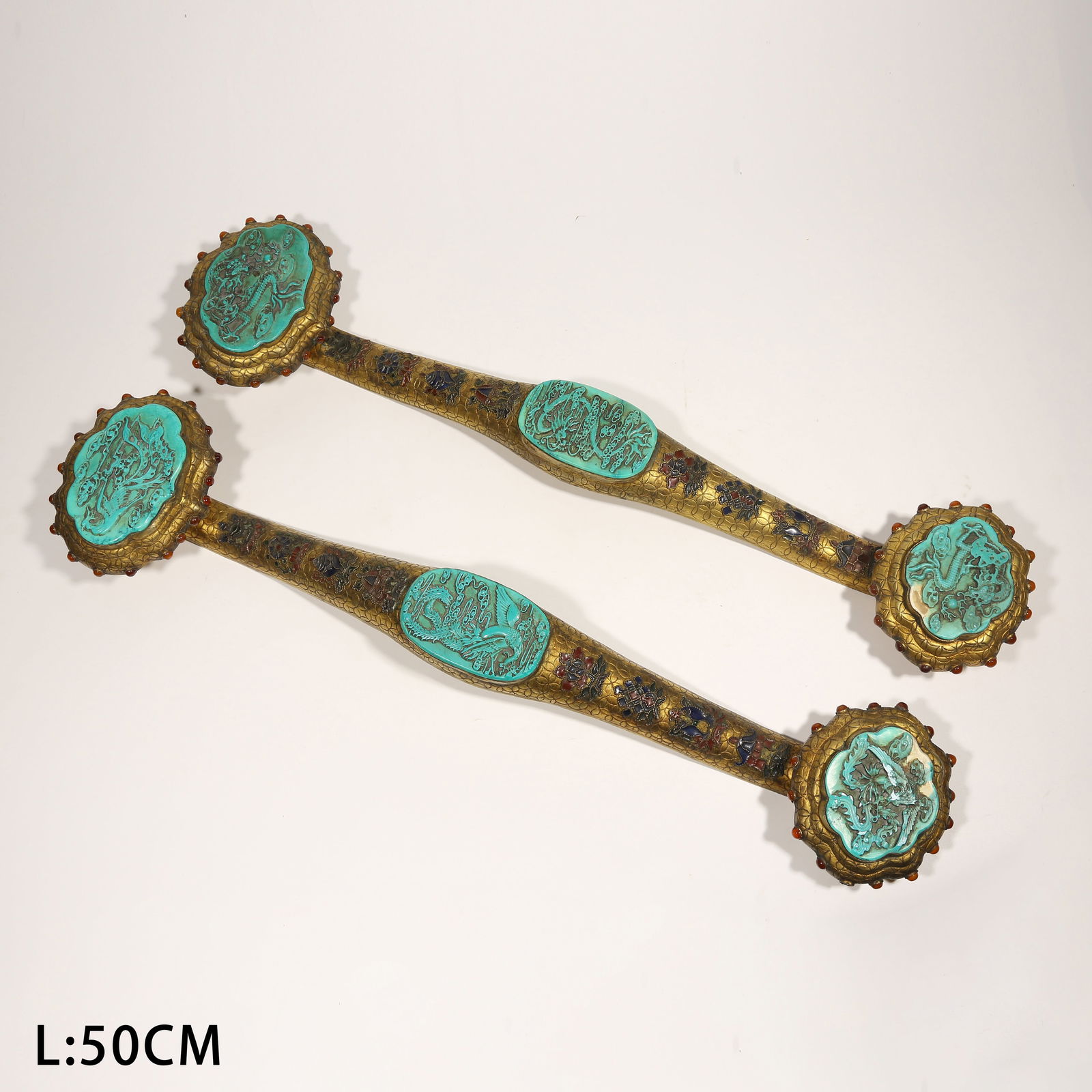 A GILDED BRONZE RUYI SCEPTERS WITH CLOISONNÉ AND TURQUOISE, DRAGON AND PHOENIX PATTERN, PAIR: Gilded Bronze Ruyi Scepters with Cloisonné and Turquoise, Dragon and Phoenix Pattern, Pair