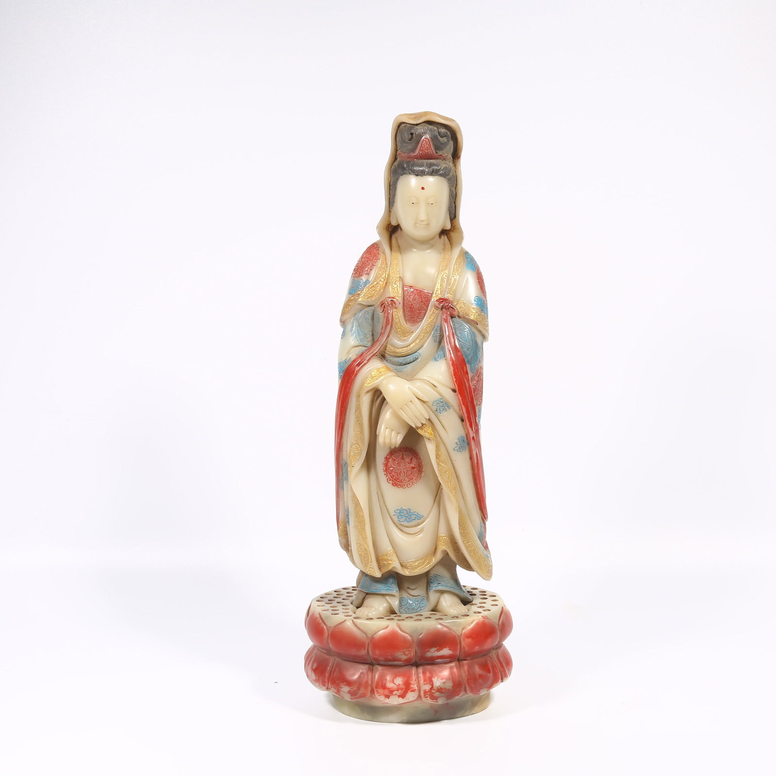 A SHOUSHAN STONE POLYCHROME STANDING BODHISATTVA FIGURE: Shoushan stone polychrome standing Bodhisattva figure