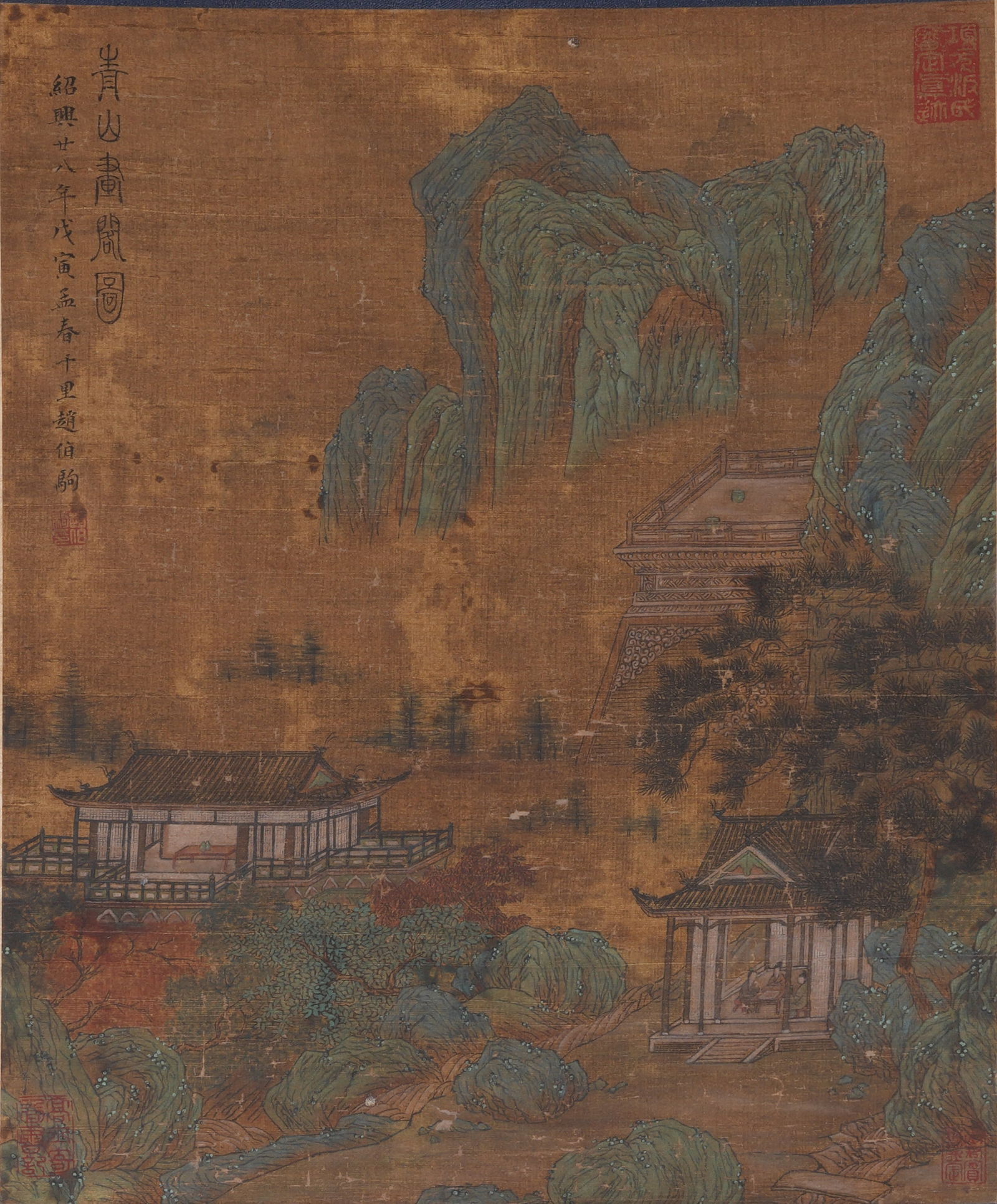 A LANDSCAPE WITH PAVILIONS PAINTING ON SILK BY ZHAO BOJU.趙伯駒: Landscape with Pavilions Painting on Silk by Zhao Boju.趙伯駒