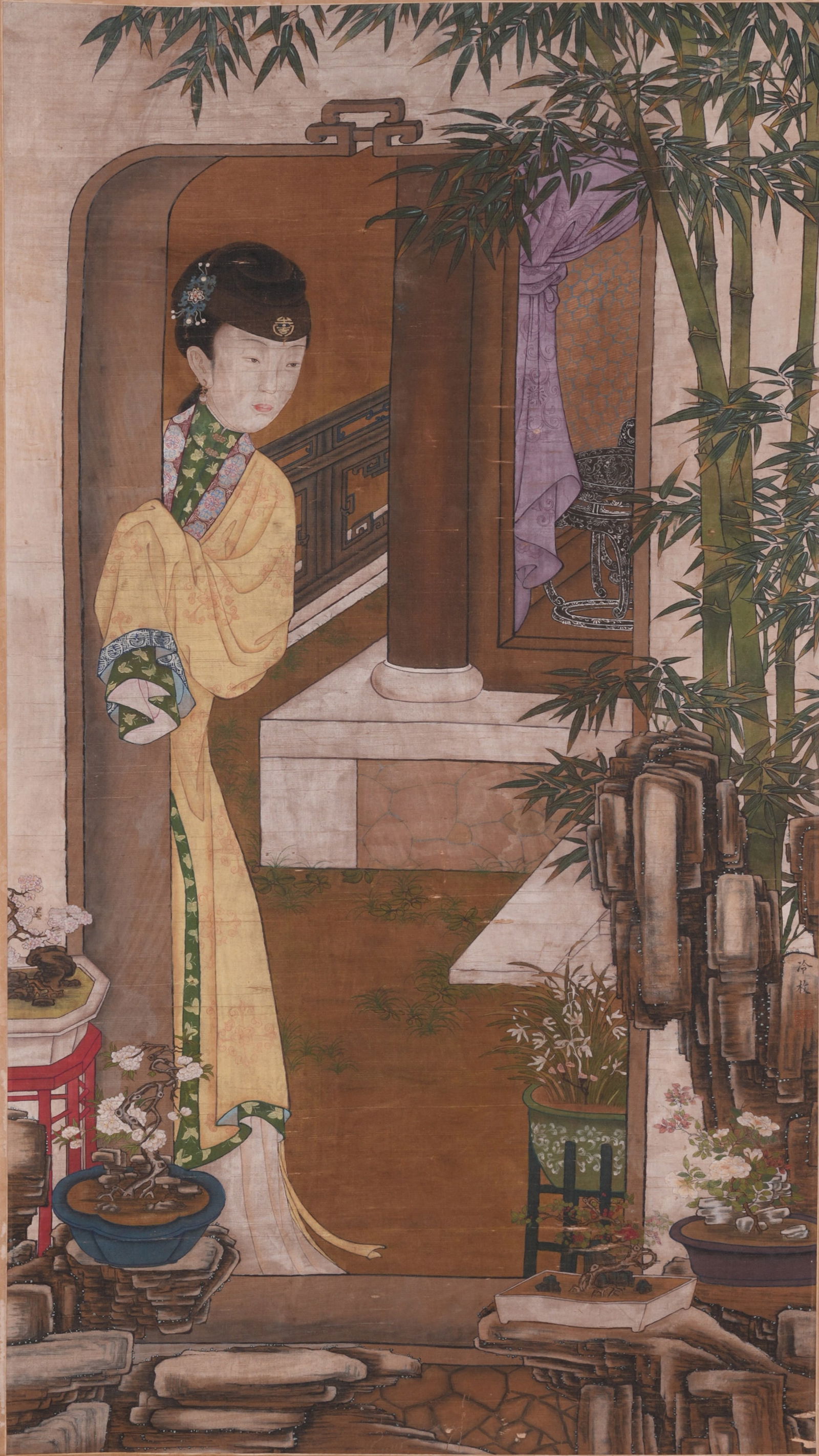 A LADY FIGURE PAINTING ON SILK BY LENG MEI.冷枚: Lady Figure Painting on Silk by Leng Mei.冷枚