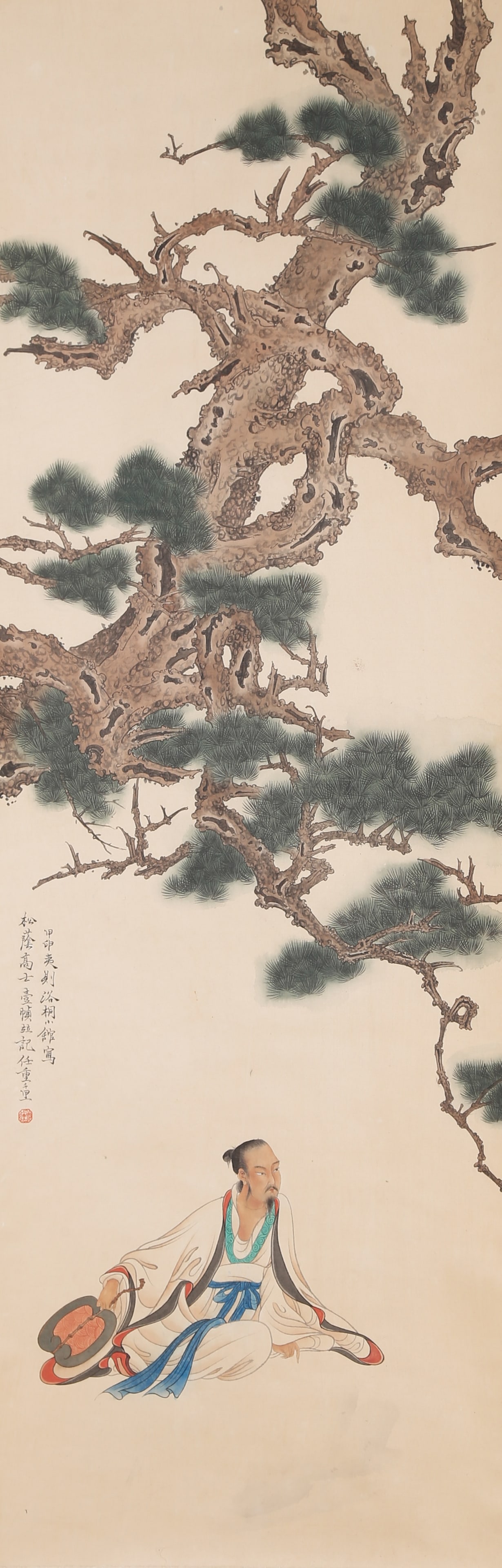 A LOFTY SCHOLAR UNDER PINE TREES PAINTING ON SILK BY REN ZHONG.任重: Lofty Scholar under Pine Trees Painting on Silk by Ren Zhong.任重