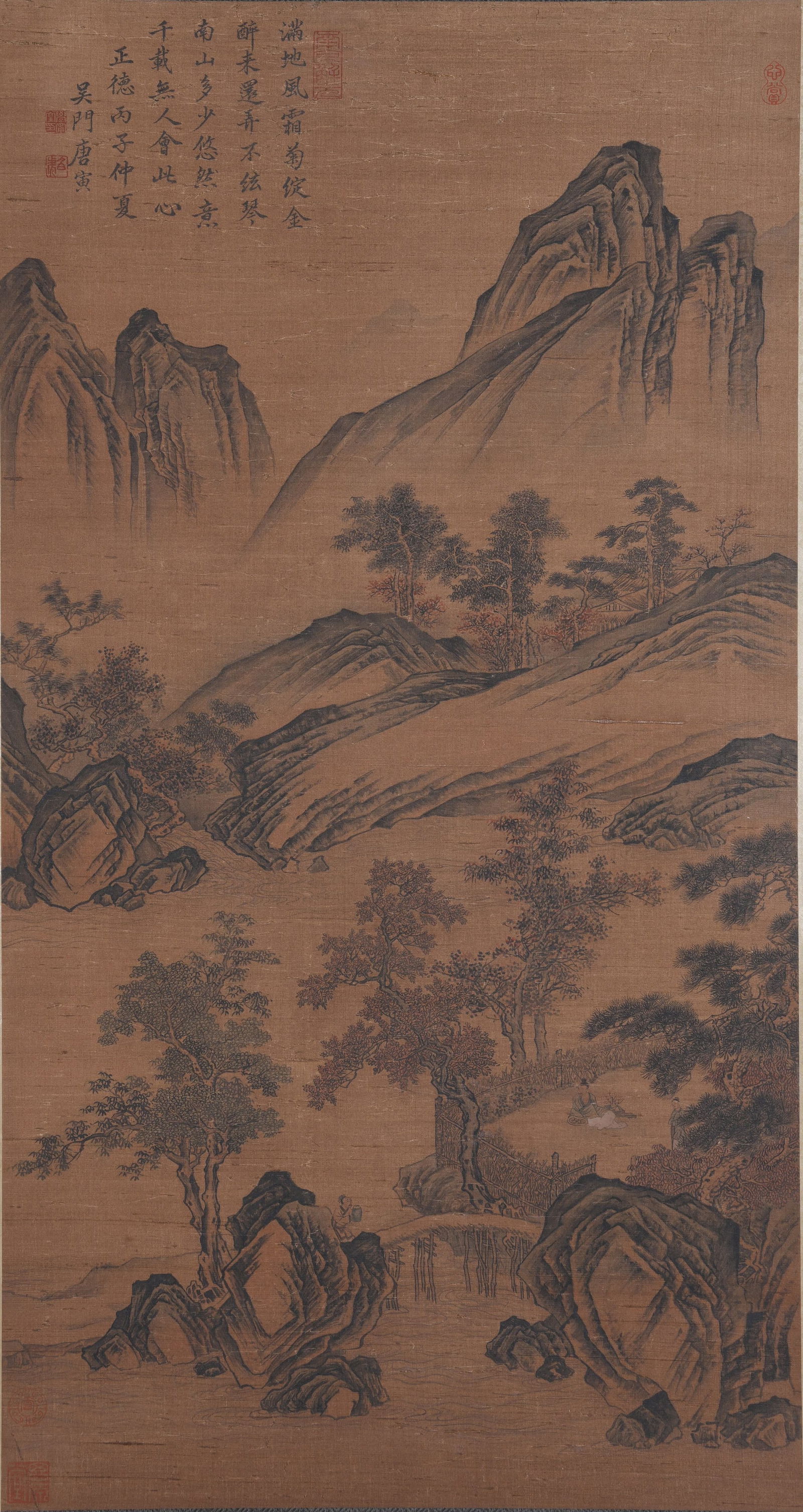 A LANDSCAPE WITH FIGURES PAINTING ON SILK BY TANG YIN.唐寅: Landscape with Figures Painting on Silk by Tang Yin.唐寅