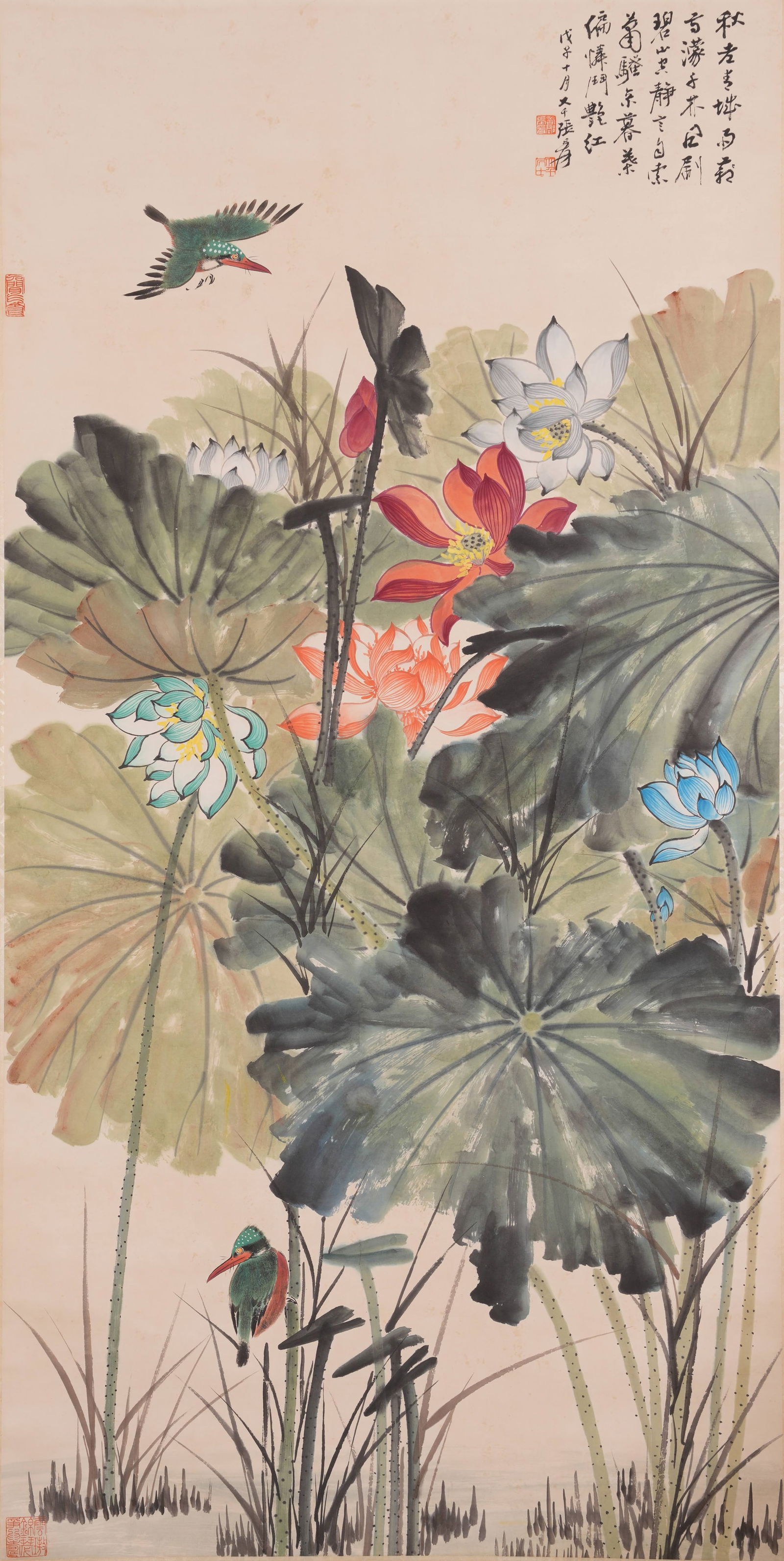 A FLOWER-AND-BIRD PAINTING ON PAPER BY ZHANG DAQIAN.張大千: Flower-and-Bird Painting on Paper by Zhang Daqian.張大千