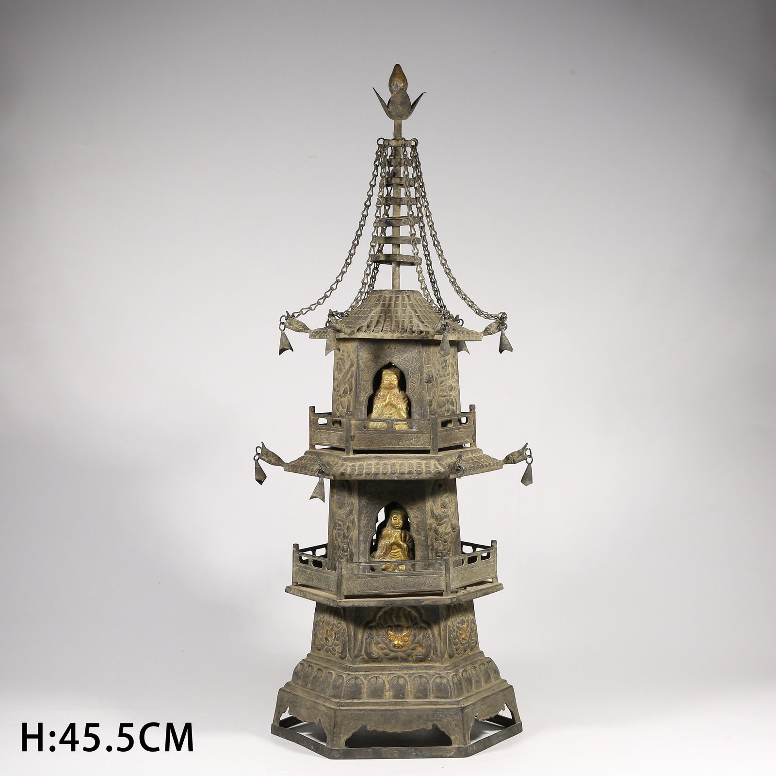 A SILVER PARTIAL GILDED PAGODA: Silver Partial Gilded Pagoda