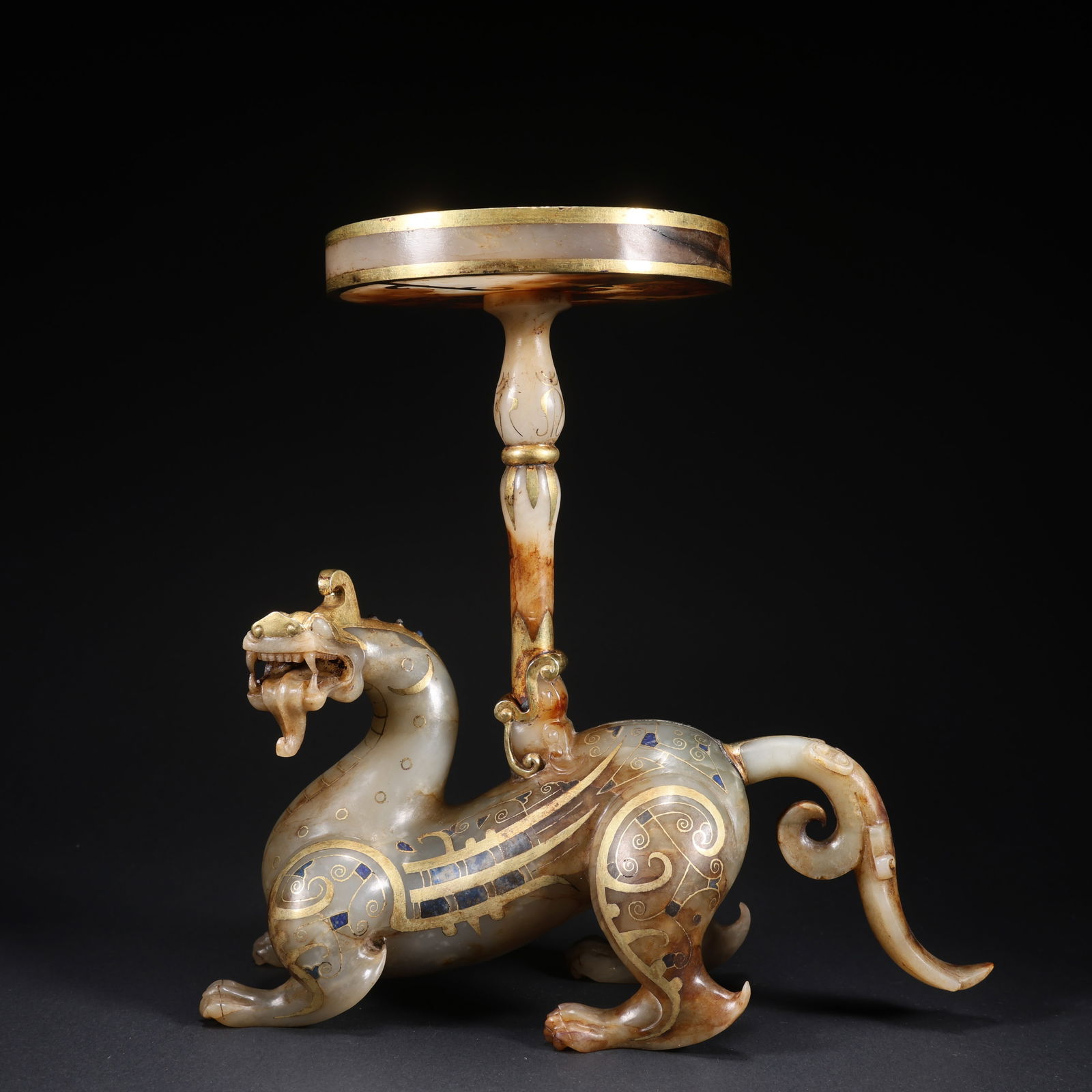 A HETIAN JADE GILT-INLAID TWO-PIECE CANDLESTICK: Hetian Jade Gilt-Inlaid Two-Piece Candlestick