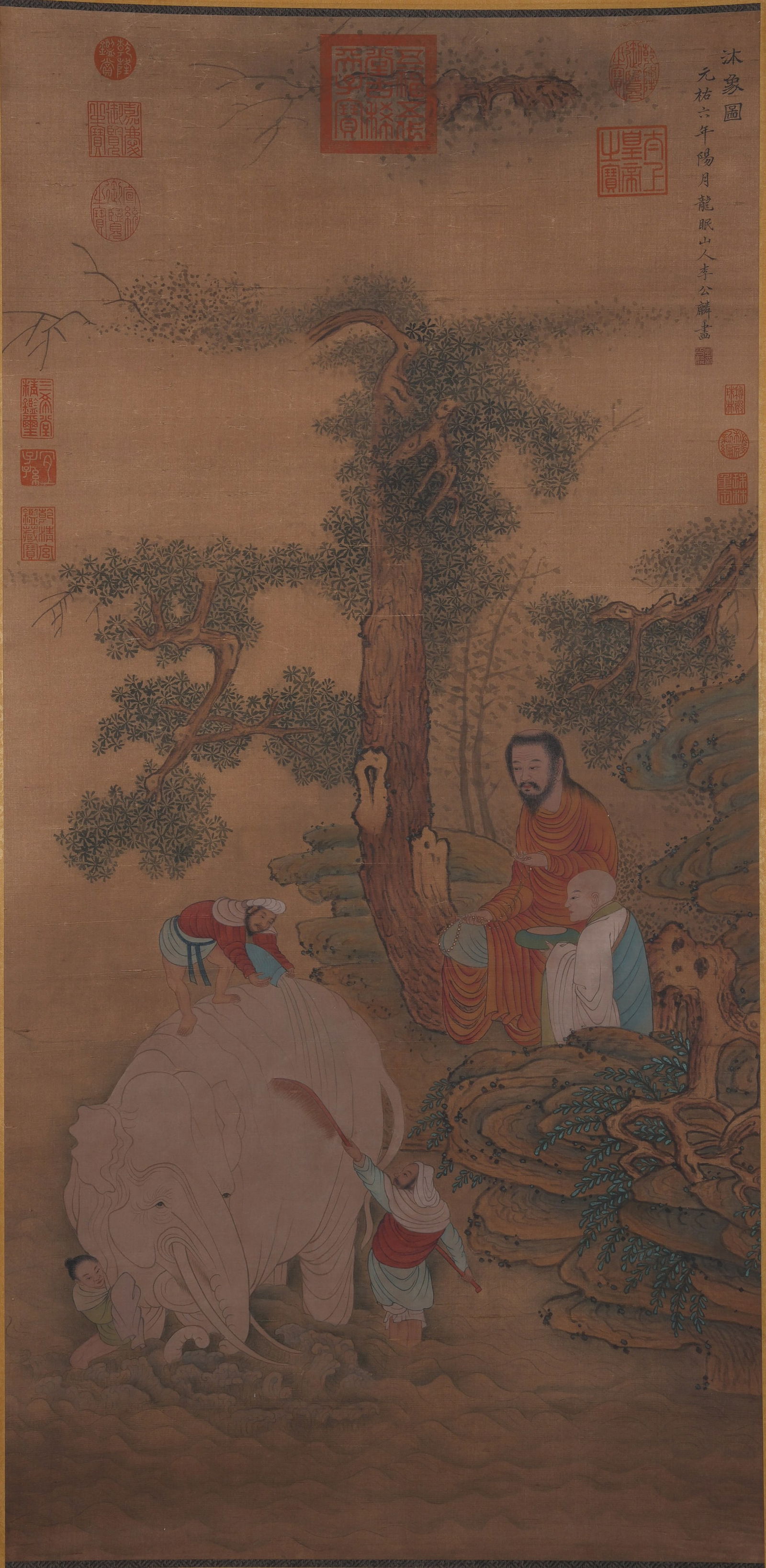 A ARHAT PAINTING ON SILK BY LI GONGLIN.李公麟: Arhat Painting on Silk by Li Gonglin.李公麟
