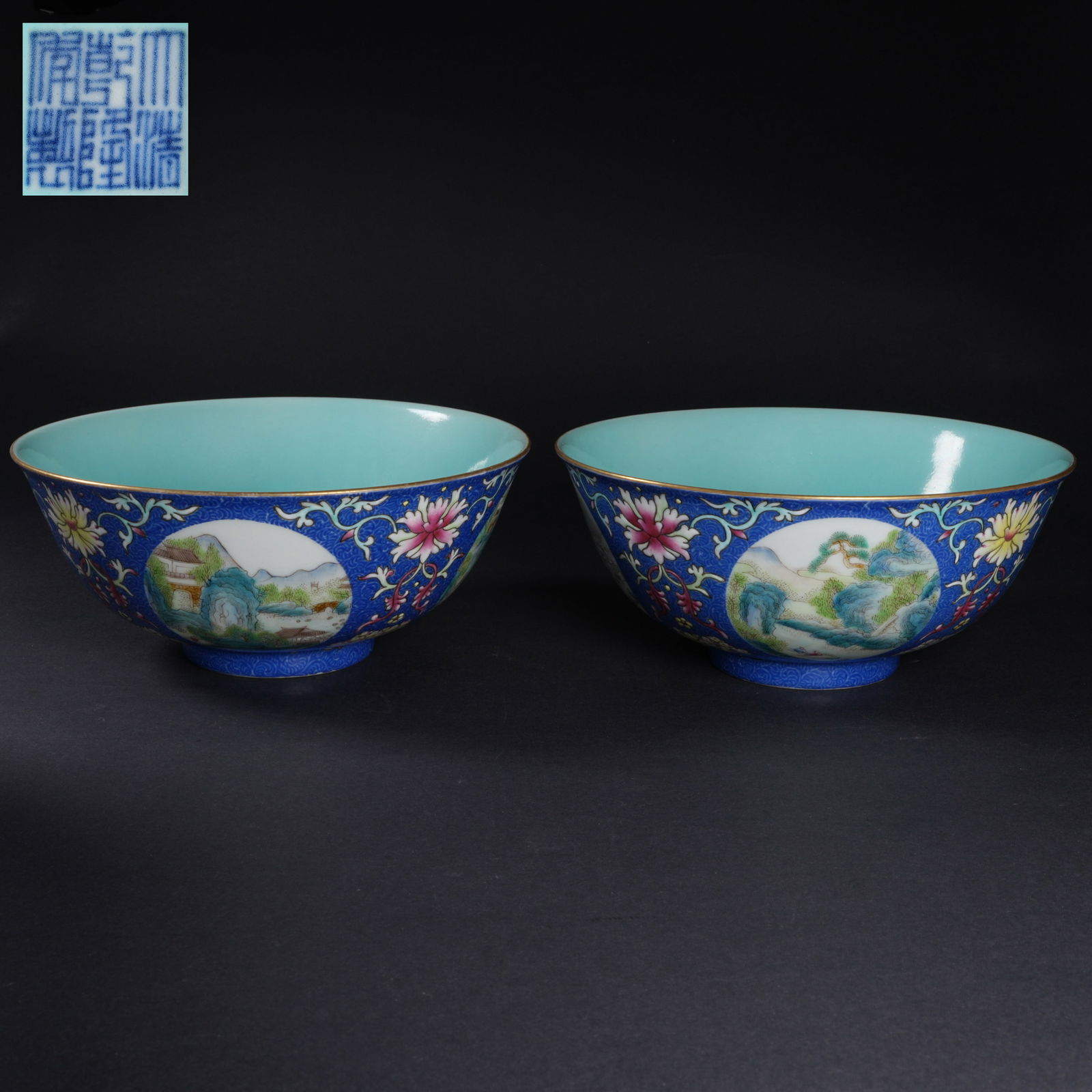 A SET OF BLUE-GROUND FAMILLE-ROSE LANDSCAPE MEDALLION BOWLS: Set of blue-ground famille-rose landscape medallion bowls