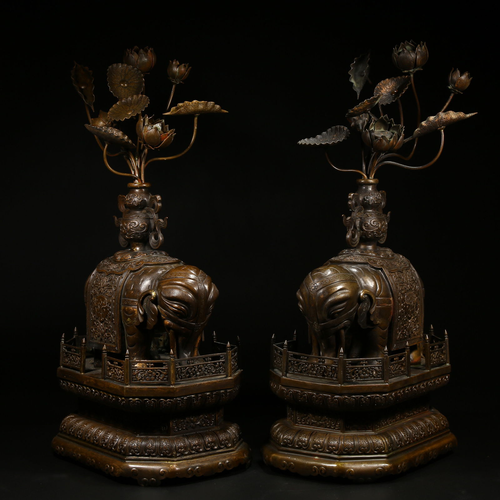 A BRONZE "PEACE AND PROSPERITY" ELEPHANT PAIR: Bronze "Peace and Prosperity" Elephant Pair