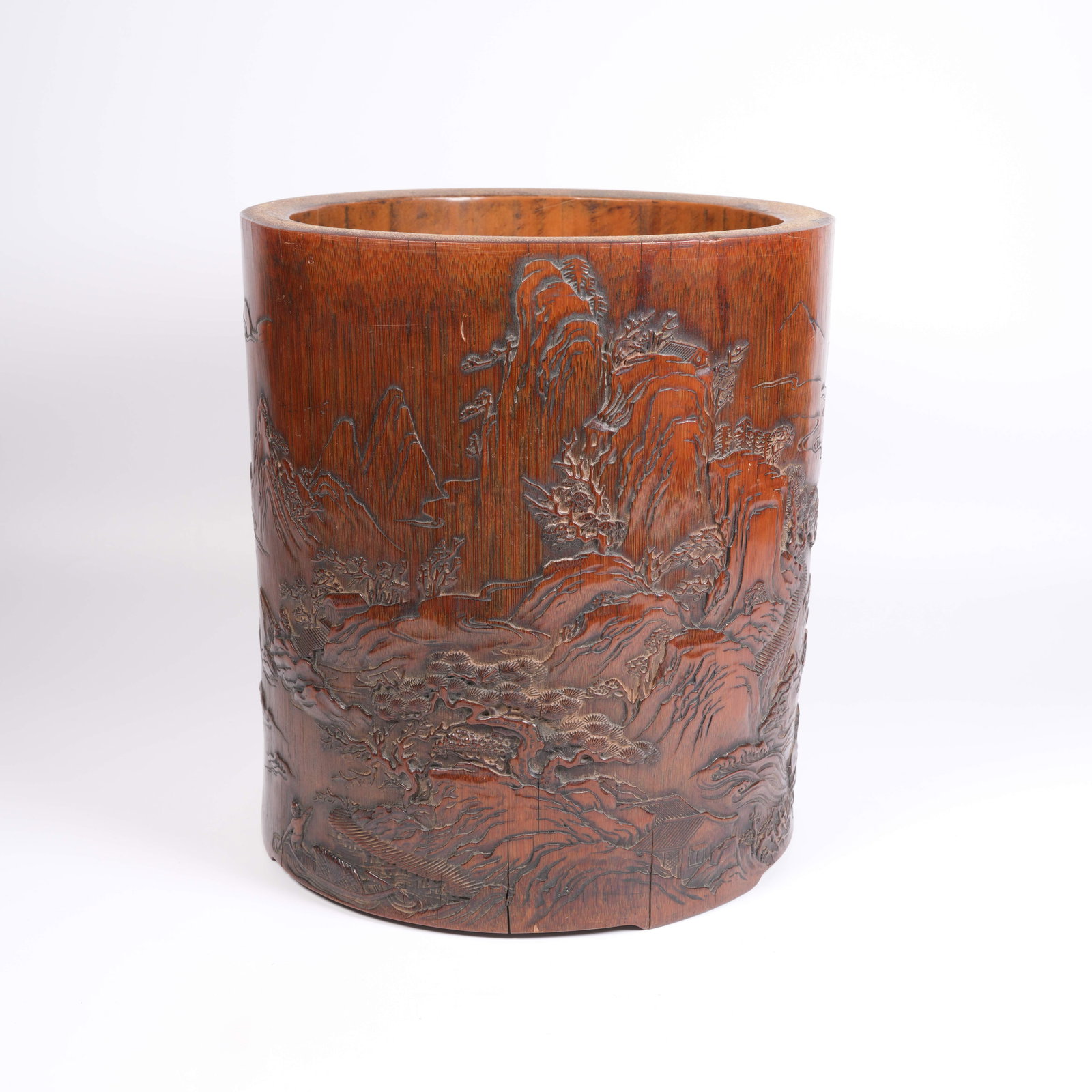 A BAMBOO-ROOT CARVED BRUSH POT WITH LANDSCAPE MOTIF (1 of 9)