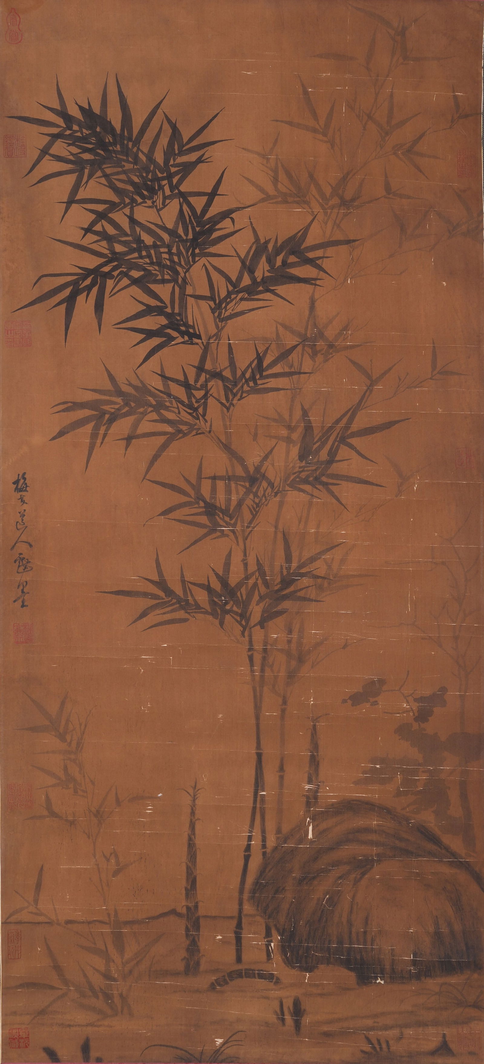 A BAMBOO AND ROCK PAINTING ON SILK BY WU ZHEN.吳鎮: Bamboo and Rock Painting on Silk by Wu Zhen.吳鎮