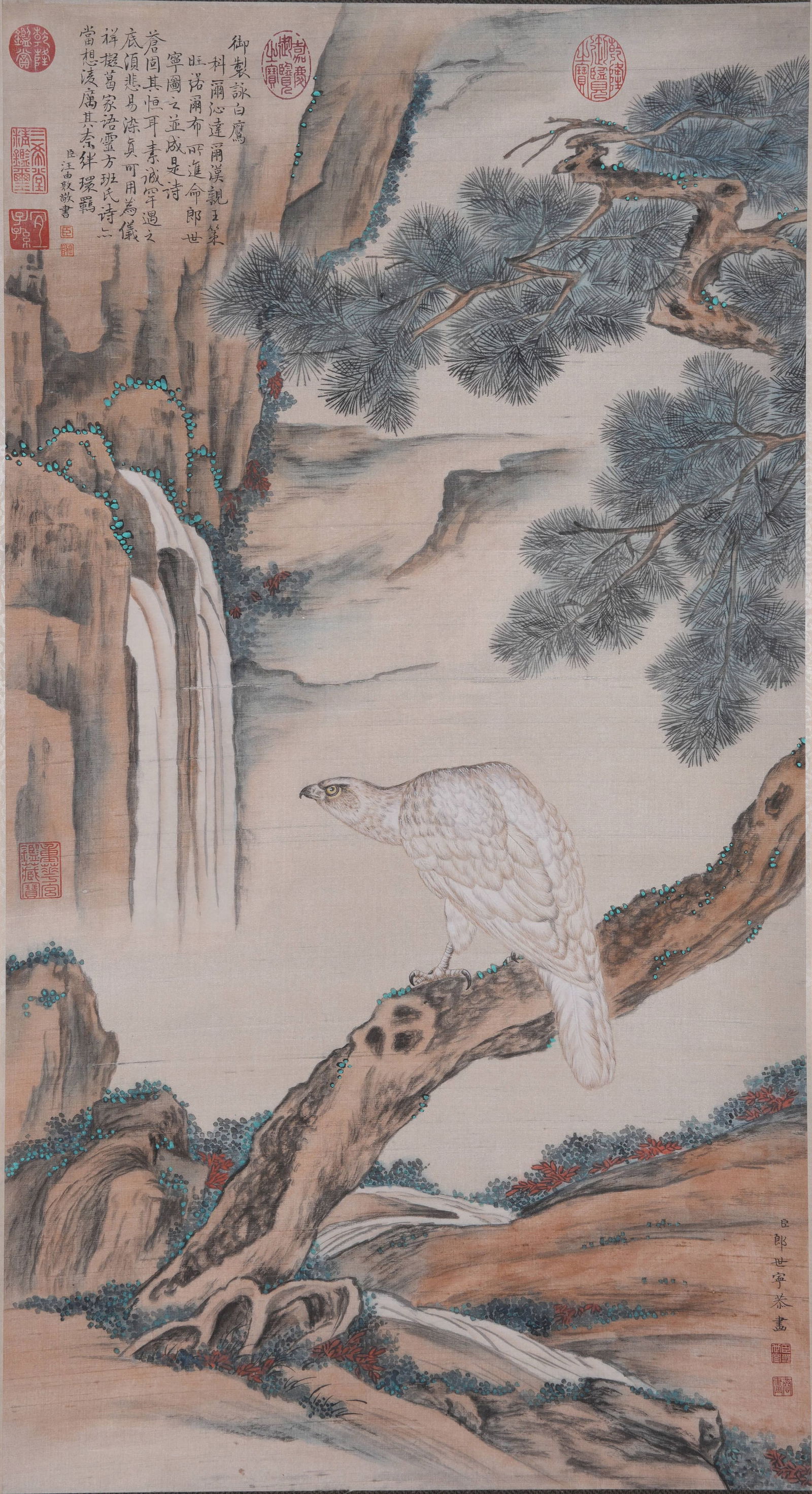 A IMPERIAL FALCON PAINTING ON SILK BY GIUSEPPE CASTIGLIONE (LANG SHINING).郎世寧: Imperial Falcon Painting on Silk by Giuseppe Castiglione (Lang Shining).郎世寧