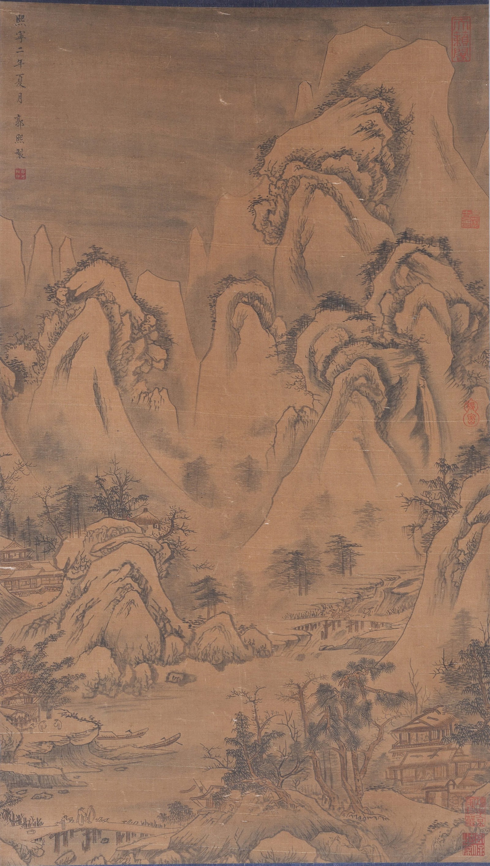 A LANDSCAPE WITH PAVILIONS PAINTING ON SILK BY GUO XI.郭熙: Landscape with Pavilions Painting on Silk by Guo Xi.郭熙