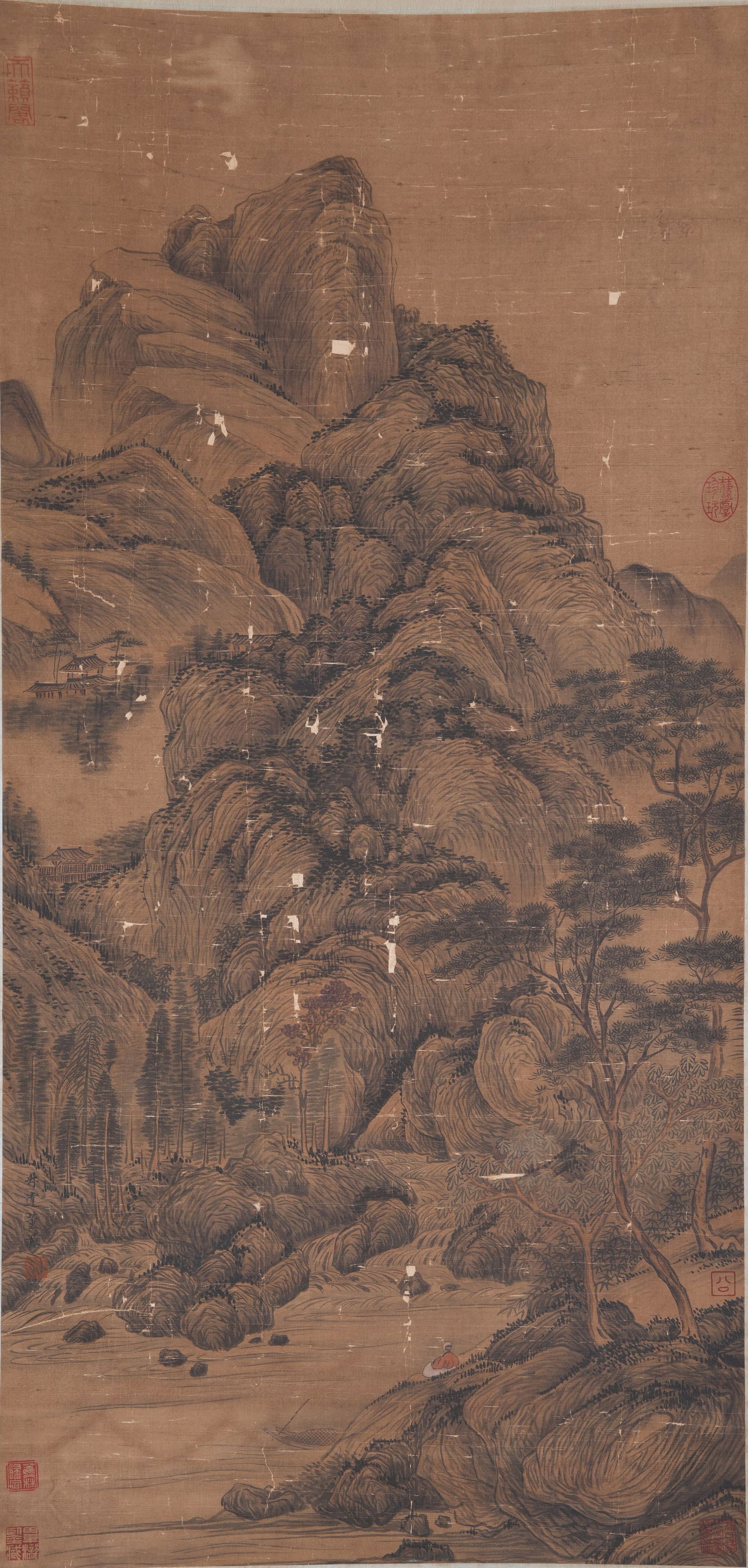 A LANDSCAPE PAINTING ON SILK BY DONG YUAN.董源: Landscape Painting on Silk by Dong Yuan.董源