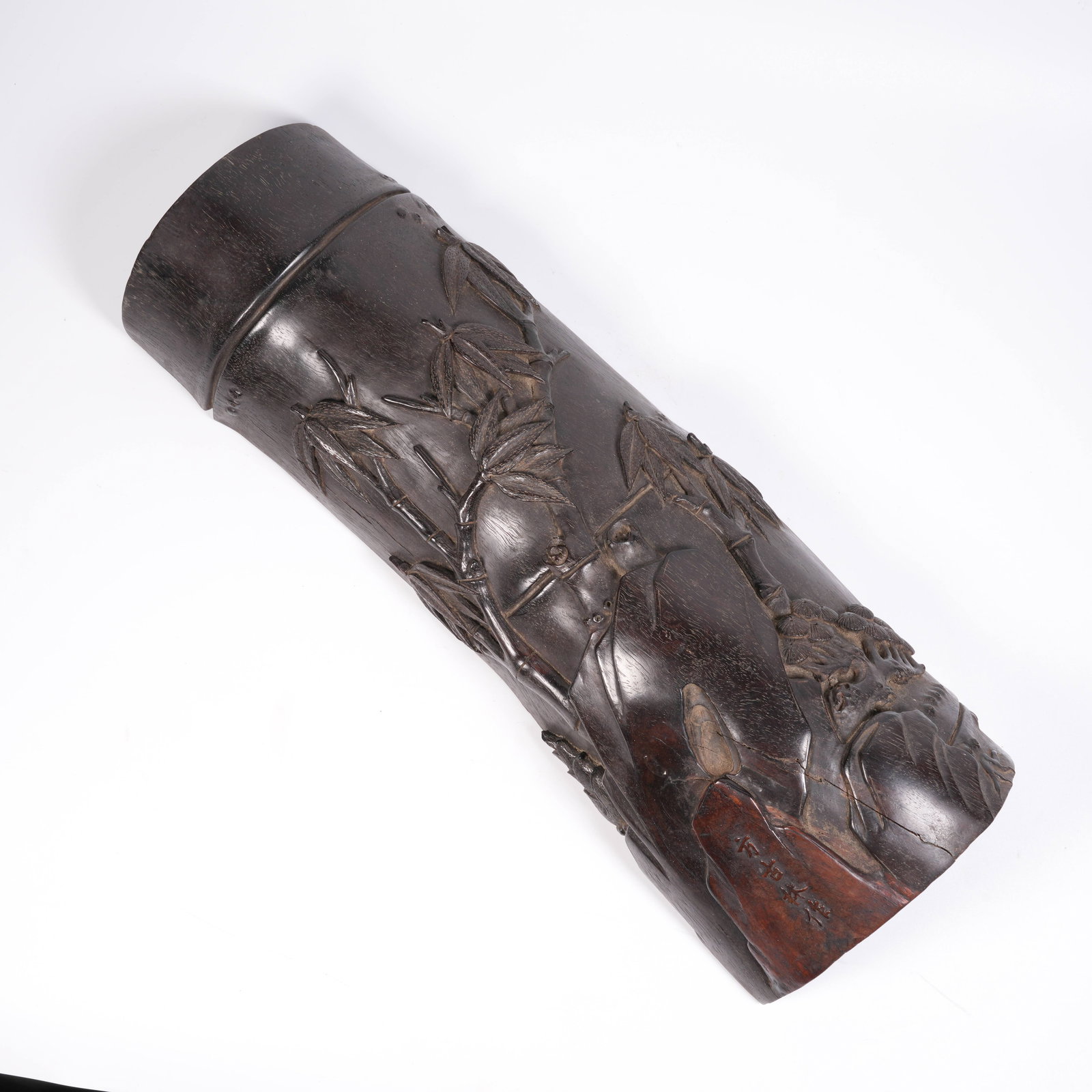 A BAMBOO CARVING OF BAMBOO GROVE AND SCHOLAR’S ROCK FIGURINE: Bamboo Carving of Bamboo Grove and Scholar’s Rock Figurine