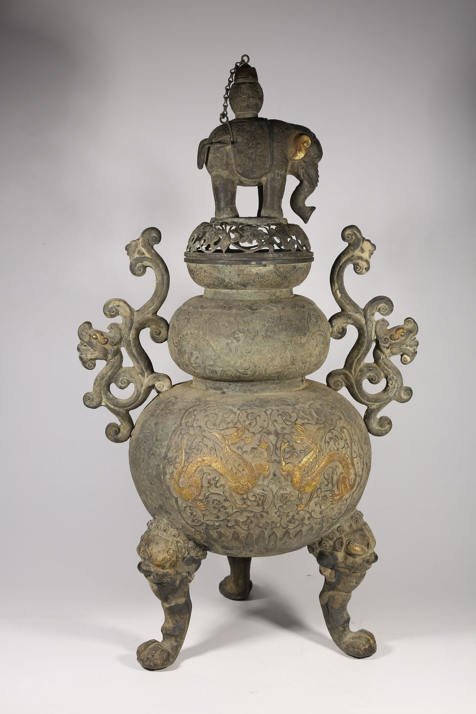 A SILVER PARTIAL GILDED DRAGON PATTERN INCENSE BURNER - 7