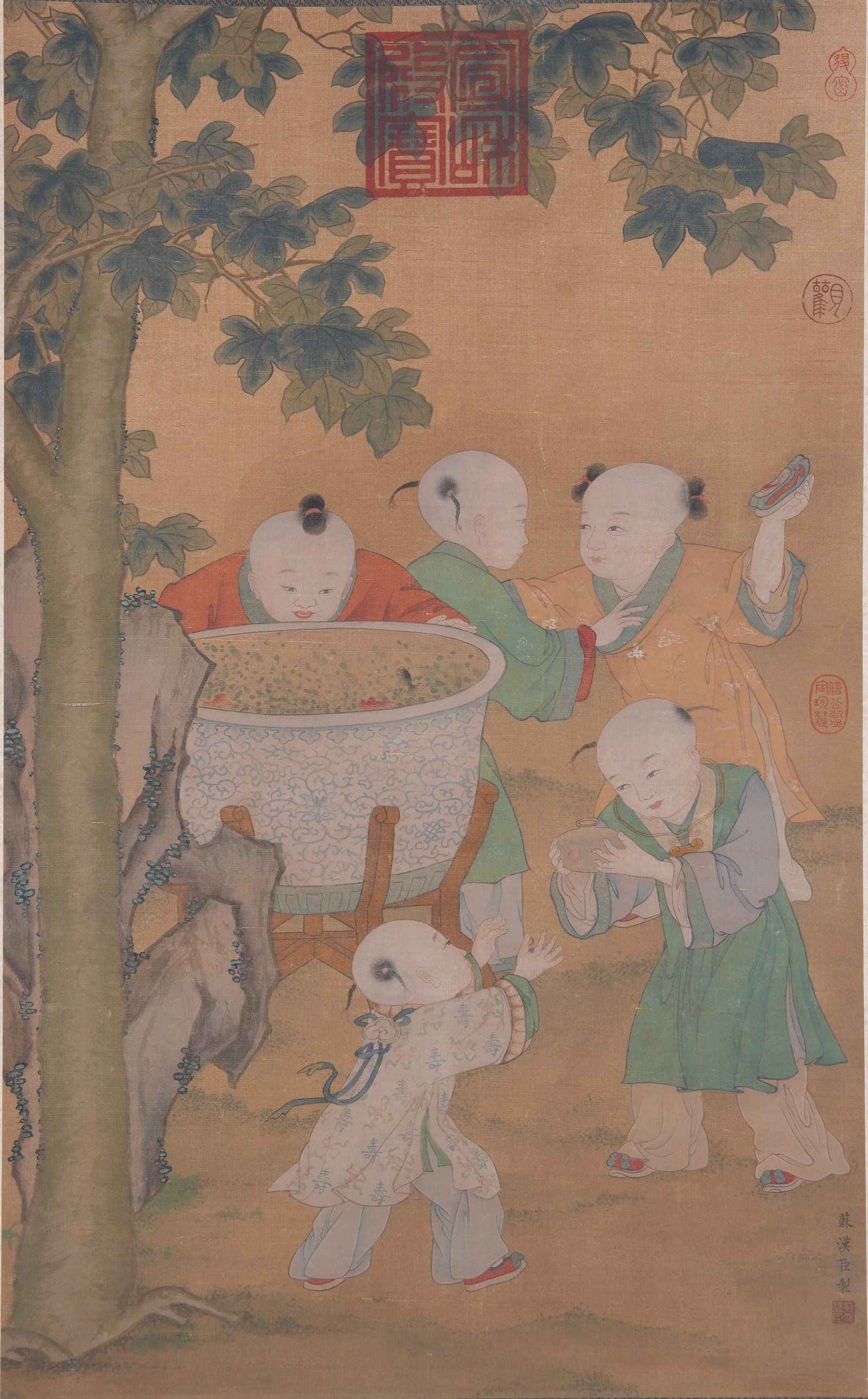 A INFANT PLAY PAINTING ON SILK BY SU HANCHEN.蘇漢臣: Infant Play Painting on Silk by Su Hanchen.蘇漢臣