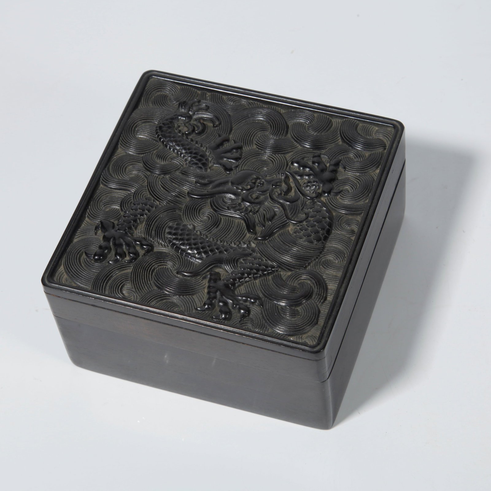 A ZITAN WOOD BOX WITH SEA AND DRAGON CARVED LID: Zitan Wood Box with Sea and Dragon Carved Lid