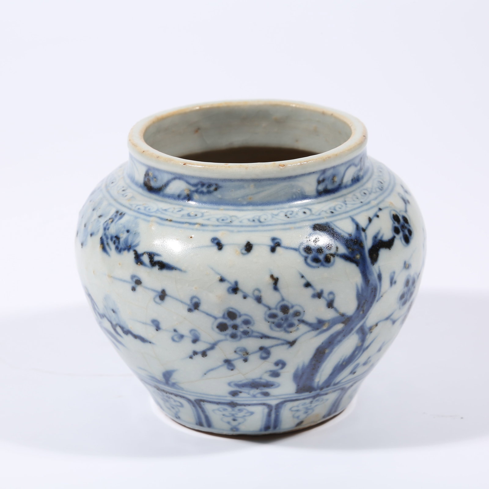 A BLUE AND WHITE JAR WITH "THREE FRIENDS OF WINTER" DESIGN: Blue and White Jar with "Three Friends of Winter" Design