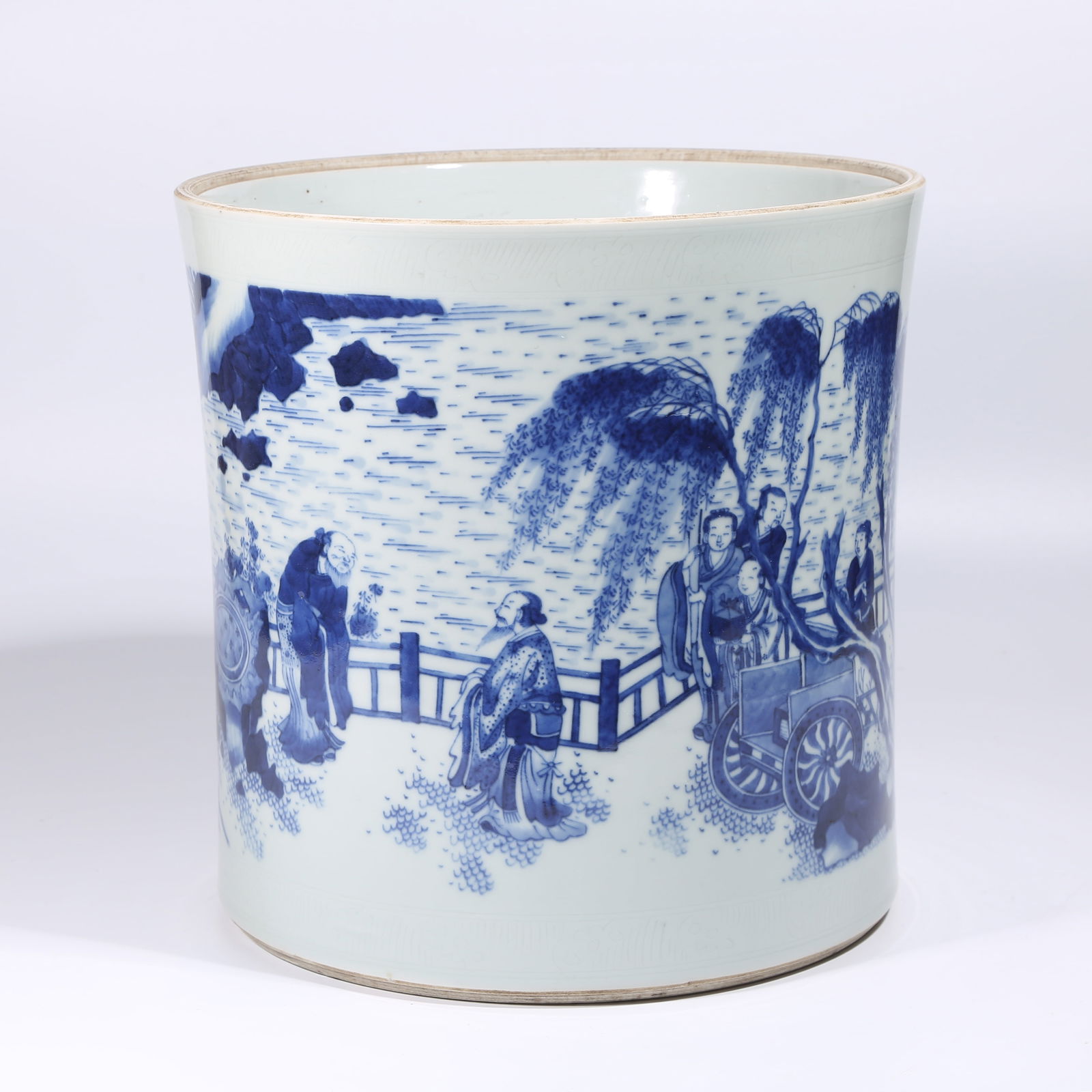 A BLUE-AND-WHITE FIGURE NARRATIVE BRUSH POT: Blue-and-White Figure Narrative Brush Pot