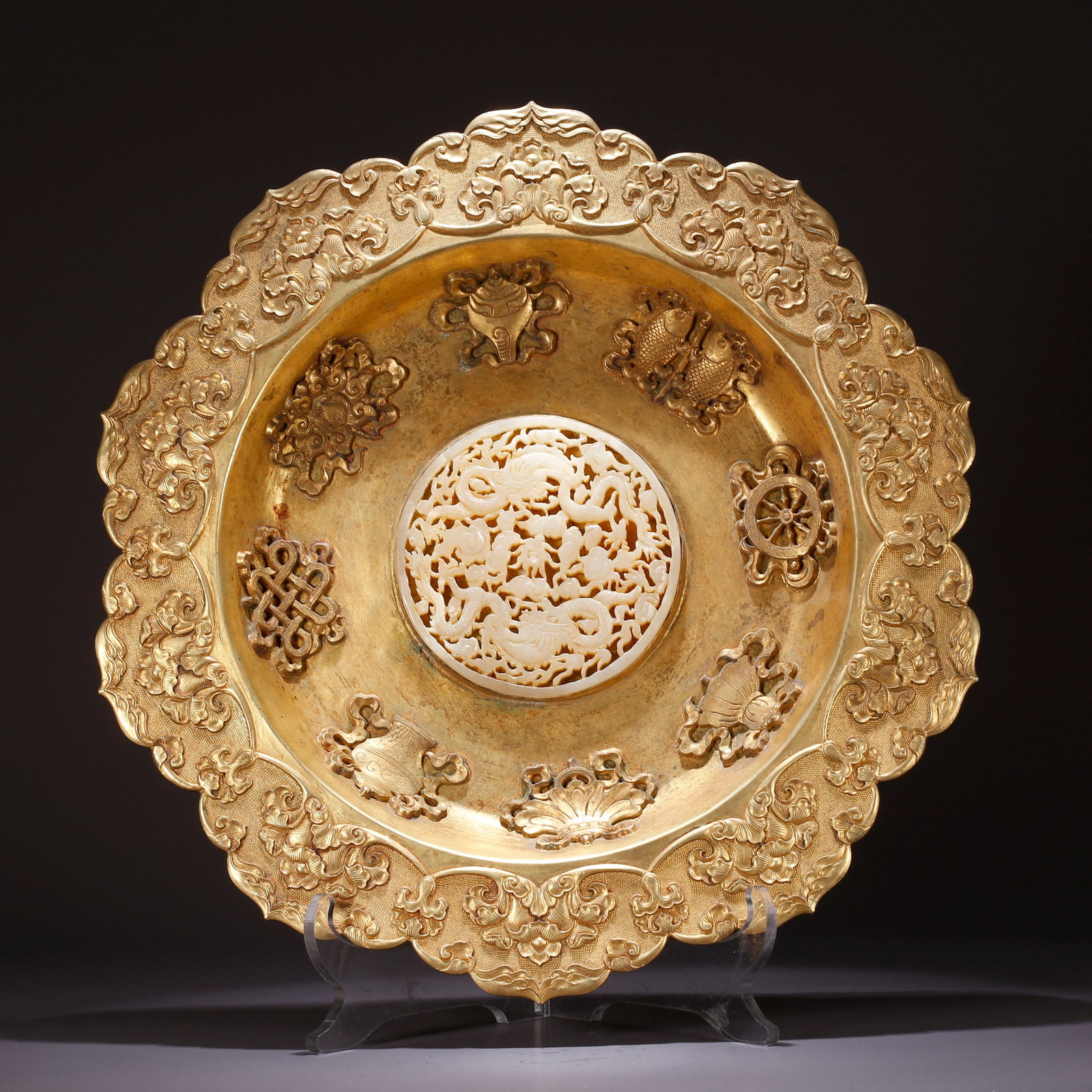 A GILT BRONZE PLATE WITH EIGHT TREASURES PATTERN: Gilt Bronze Plate with Eight Treasures Pattern