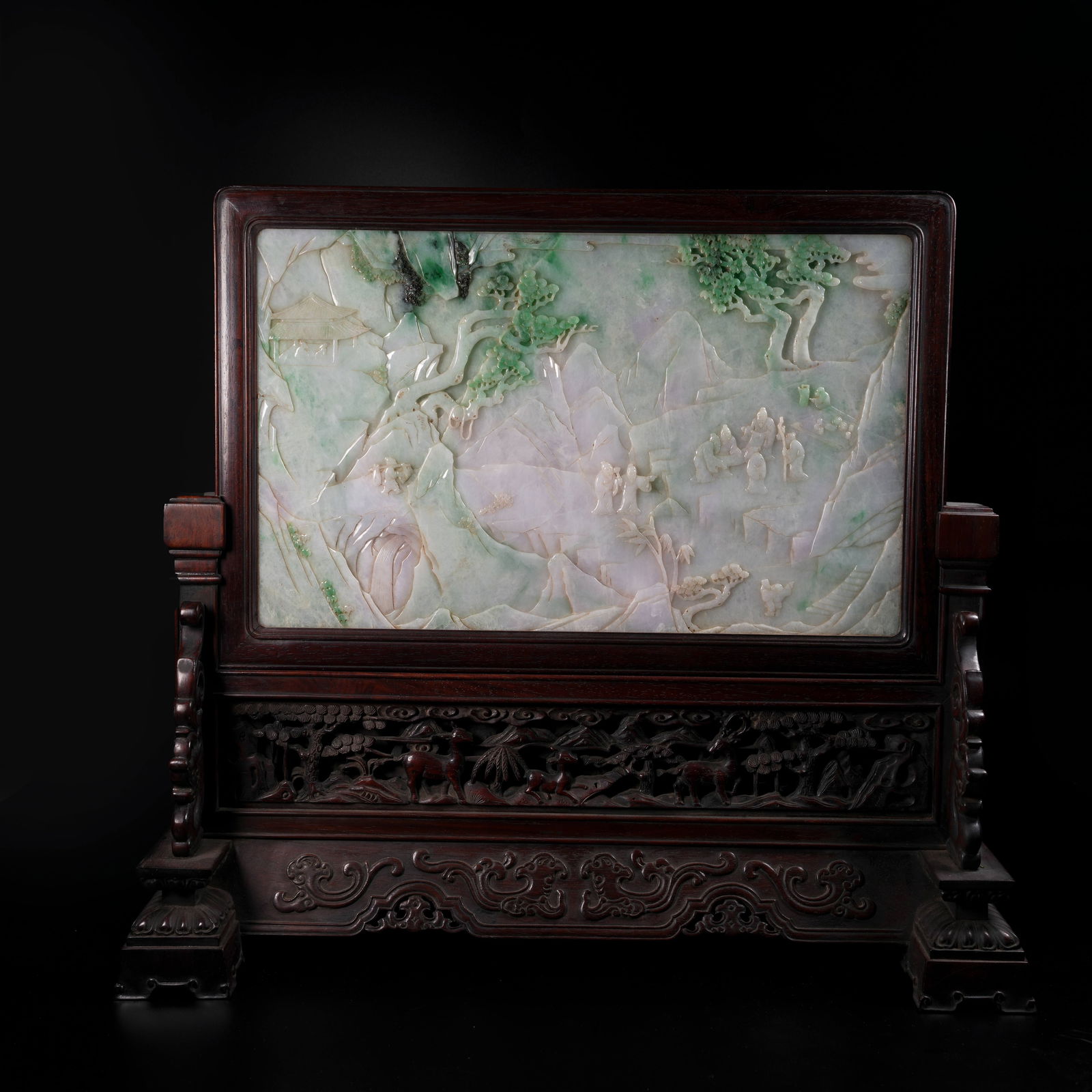 A HUANGHUALI WOOD SCREEN INLAID WITH JADEITE, ELEGANT GATHERING UNDER PINE SCENE: Huanghuali Wood Screen Inlaid with Jadeite, Elegant Gathering under Pine Scene