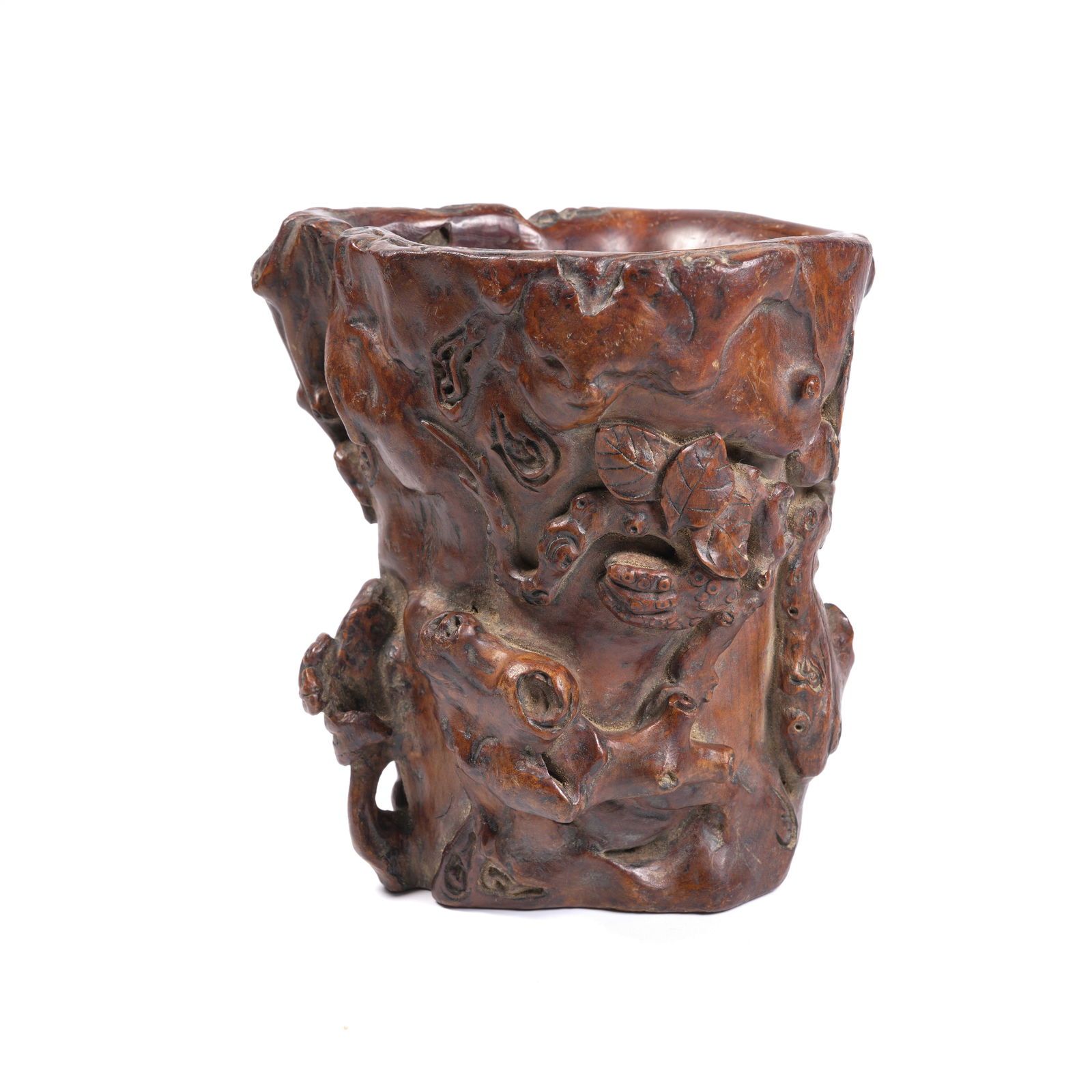 A HUANGHUALI BURL BRUSH POT: Huanghuali Burl Brush Pot