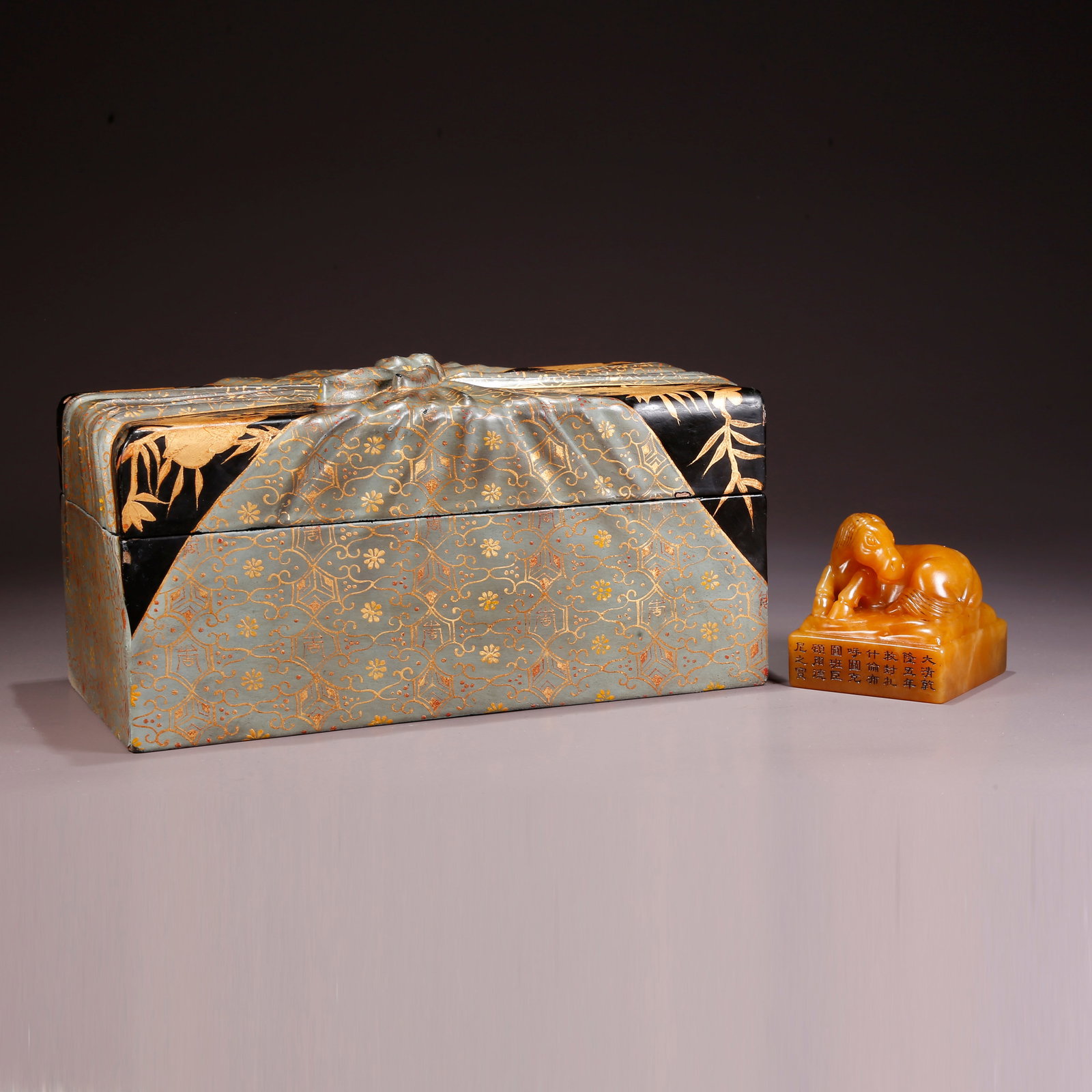 A SHOUSHAN TIANHUANG STONE SEAL WITH GALLOPING HORSE KNOB: Shoushan Tianhuang Stone Seal with Galloping Horse Knob