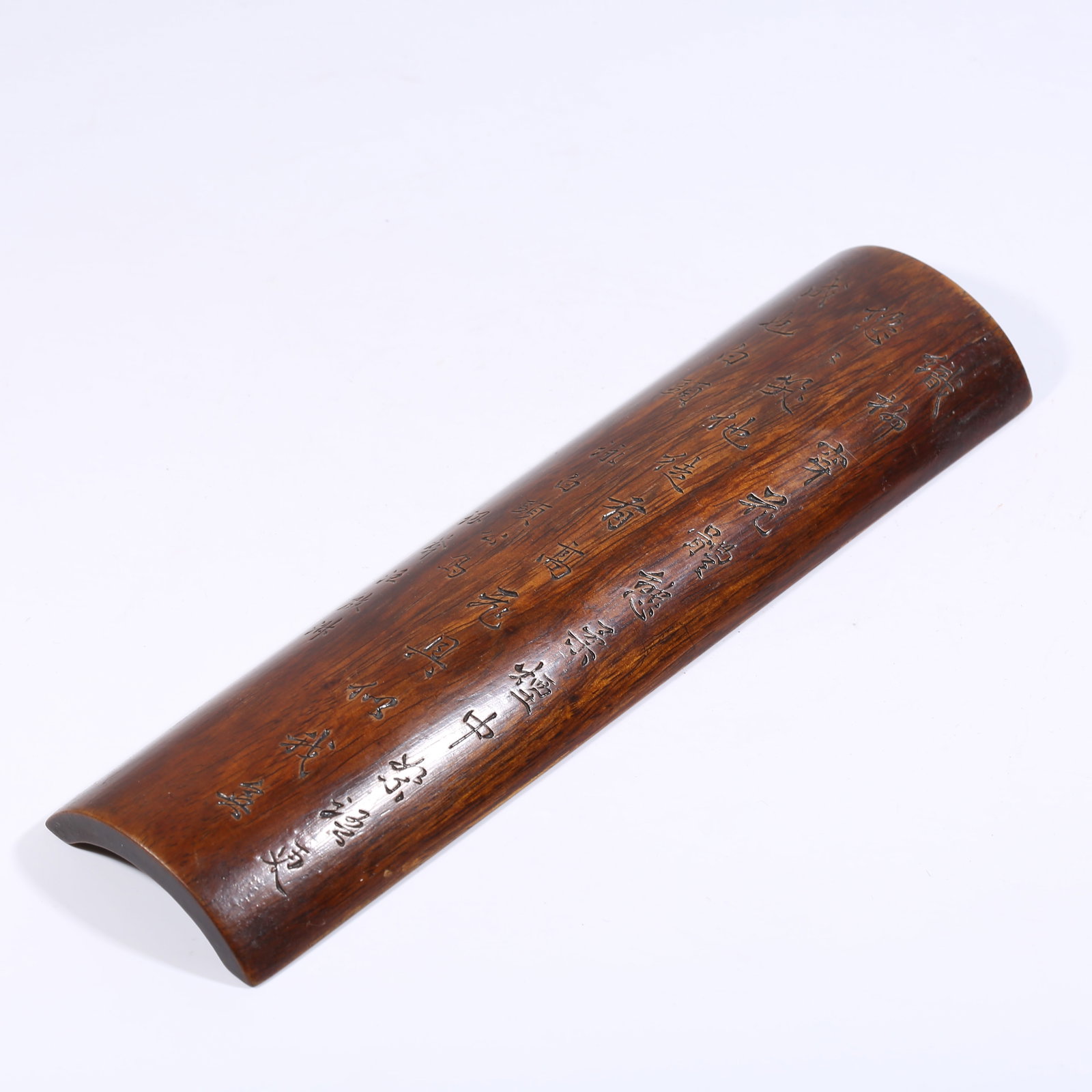 A HUANGHUALI WOOD ARMREST CARVED WITH POETRY: Huanghuali wood armrest carved with poetry