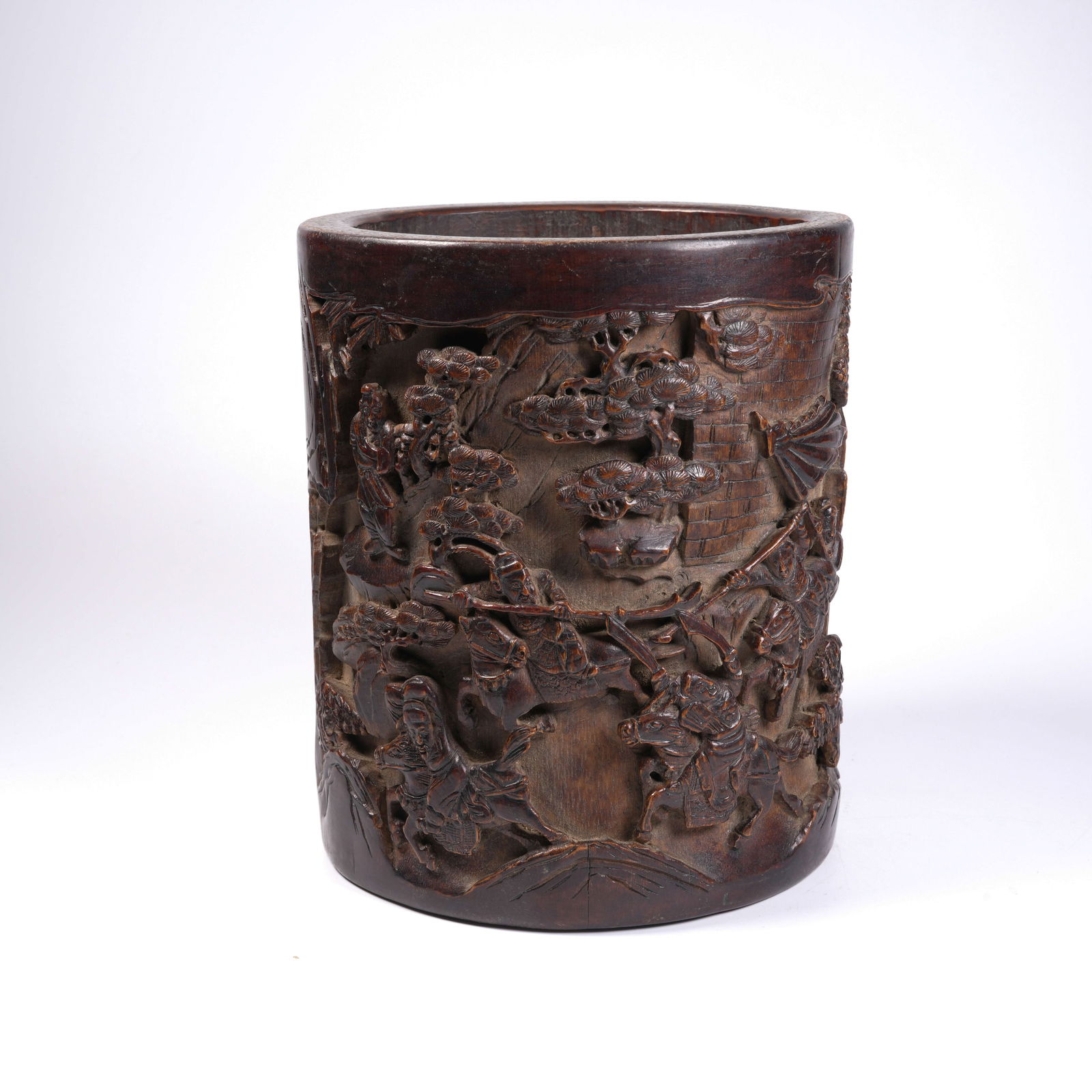 A BAMBOO-ROOT CARVED BRUSH POT WITH LANDSCAPE AND PAVILION MOTIF: Bamboo-Root Carved Brush Pot with Landscape and Pavilion Motif