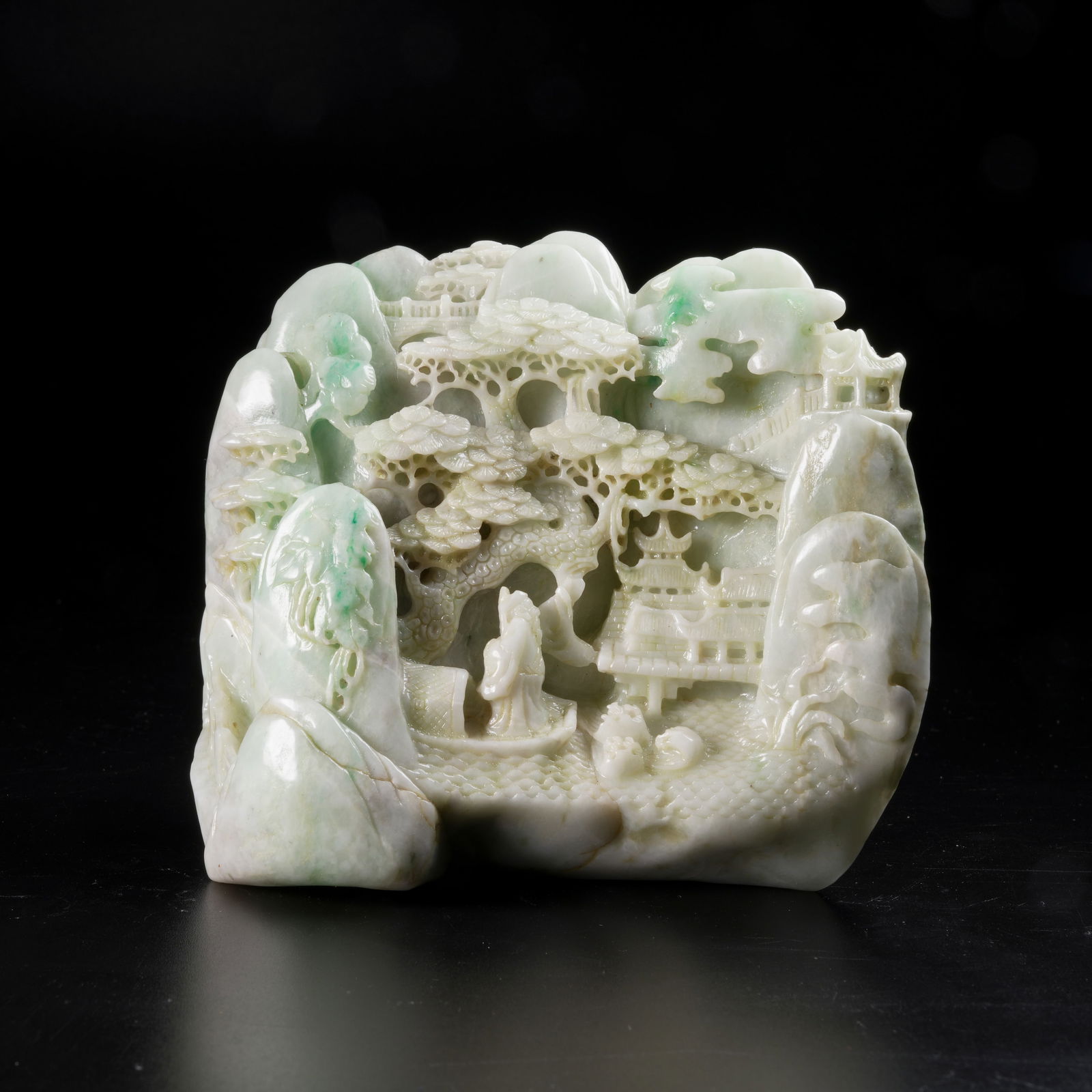 A JADEITE SCHOLAR UNDER PINE TREE MOUNTAIN ORNAMENT: Jadeite Scholar under Pine Tree Mountain Ornament