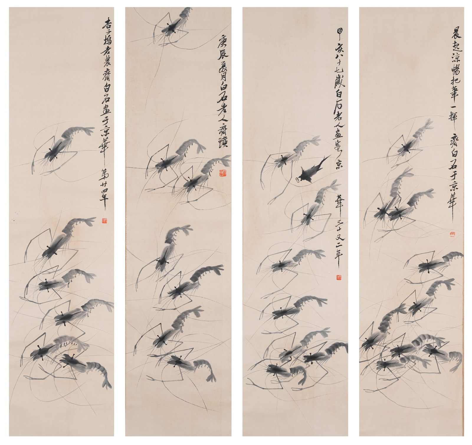 A FLOCK OF SHRIMPS PAINTING ON PAPER (SET OF 4) BY QI BAISHI.齊白石: Flock of Shrimps Painting on Paper (Set of 4) by Qi Baishi.齊白石