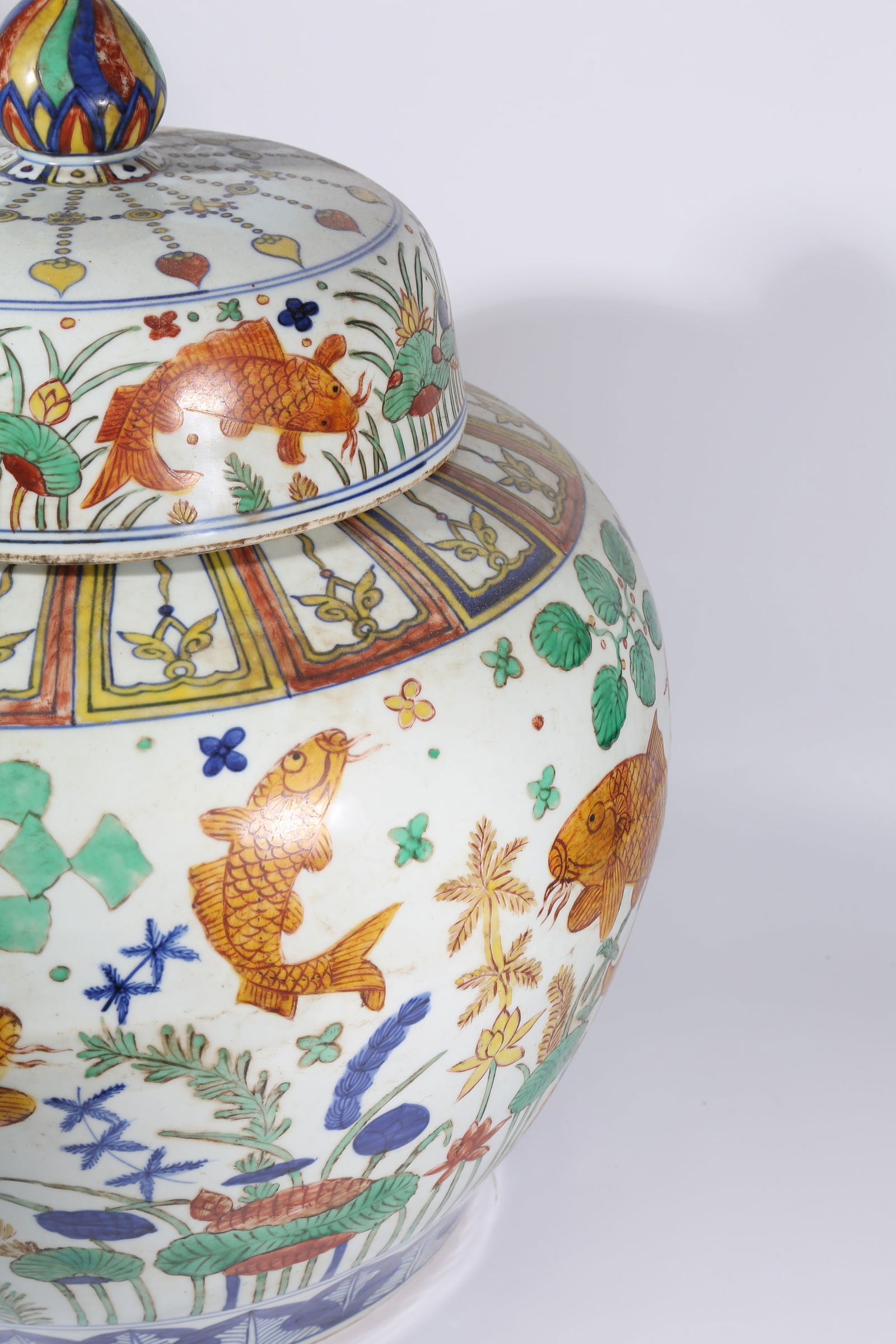 A WUCAI FISH AND ALGAE PATTERN LARGE JAR - 4