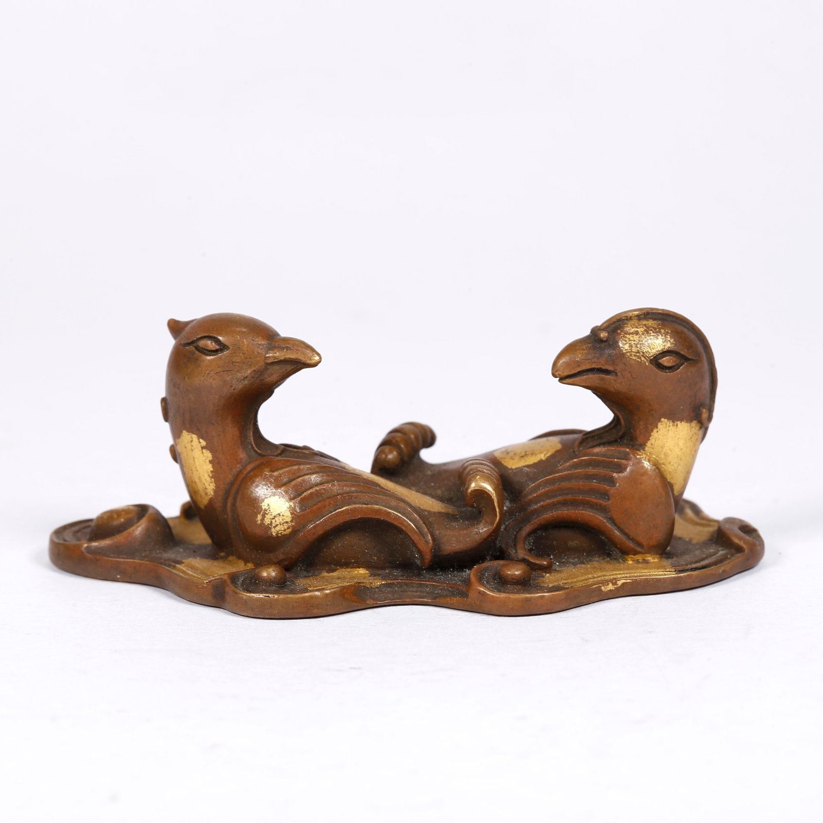 A BRONZE GILDED MANDARIN DUCK PAPERWEIGHT: Bronze Gilded Mandarin Duck Paperweight