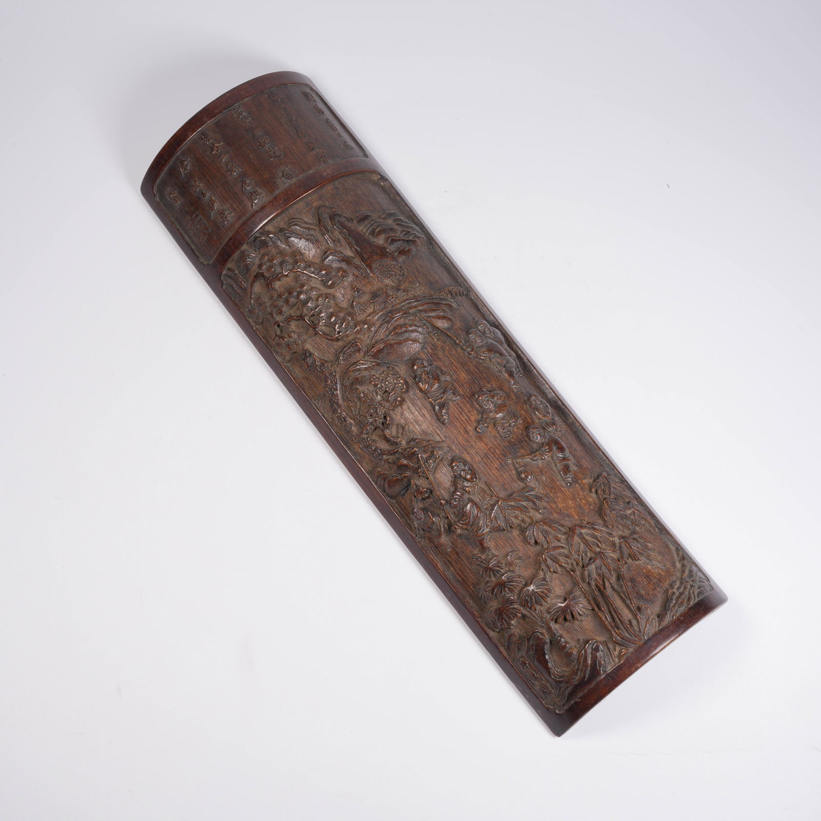 A BAMBOO-CARVED ARMREST WITH "HUNDRED CHILDREN AT PLAY" SCENE: Bamboo-Carved Armrest with "Hundred Children at Play" Scene