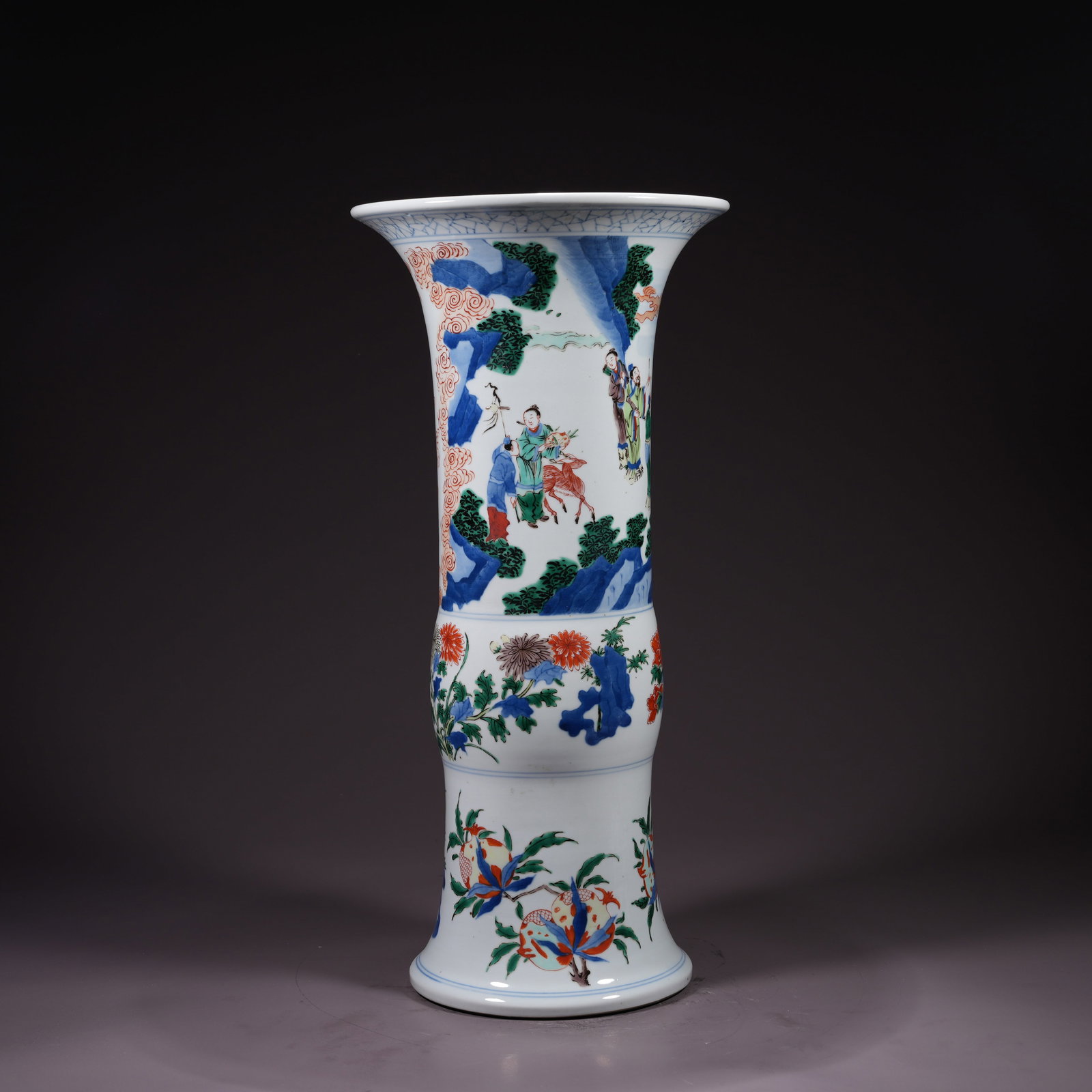 A BLUE-AND-WHITE WITH UNDERGLAZE-RED AND WUCAI LARGE GU VASE WITH FIGURE NARRATIVE SCENE: Blue-and-White with Underglaze-Red and Wucai Large Gu Vase with Figure Narrative Scene